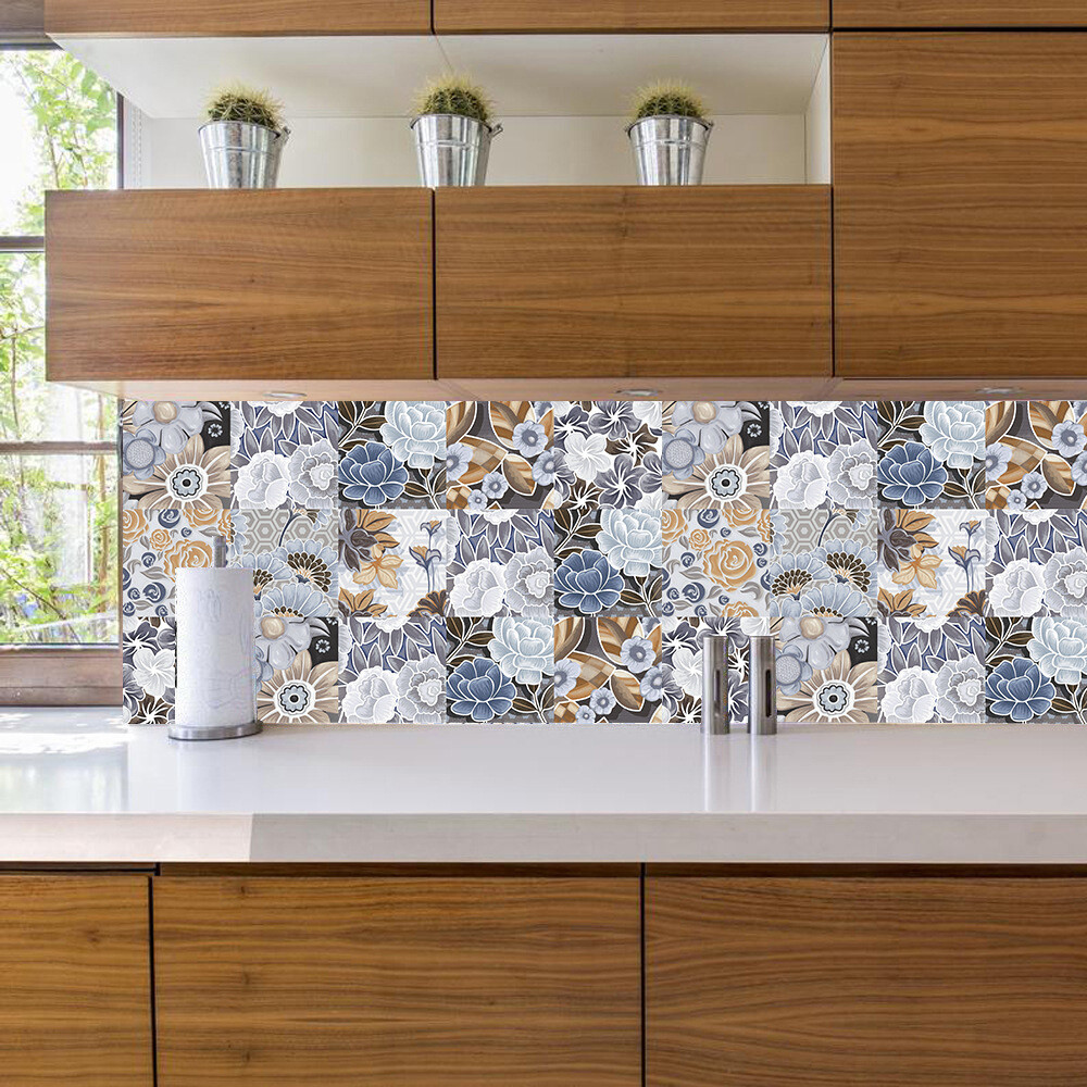 10X Self Adhesive Ceramic Tiles Wall Sticker Marble Flower Bedroom Kitchen Decor