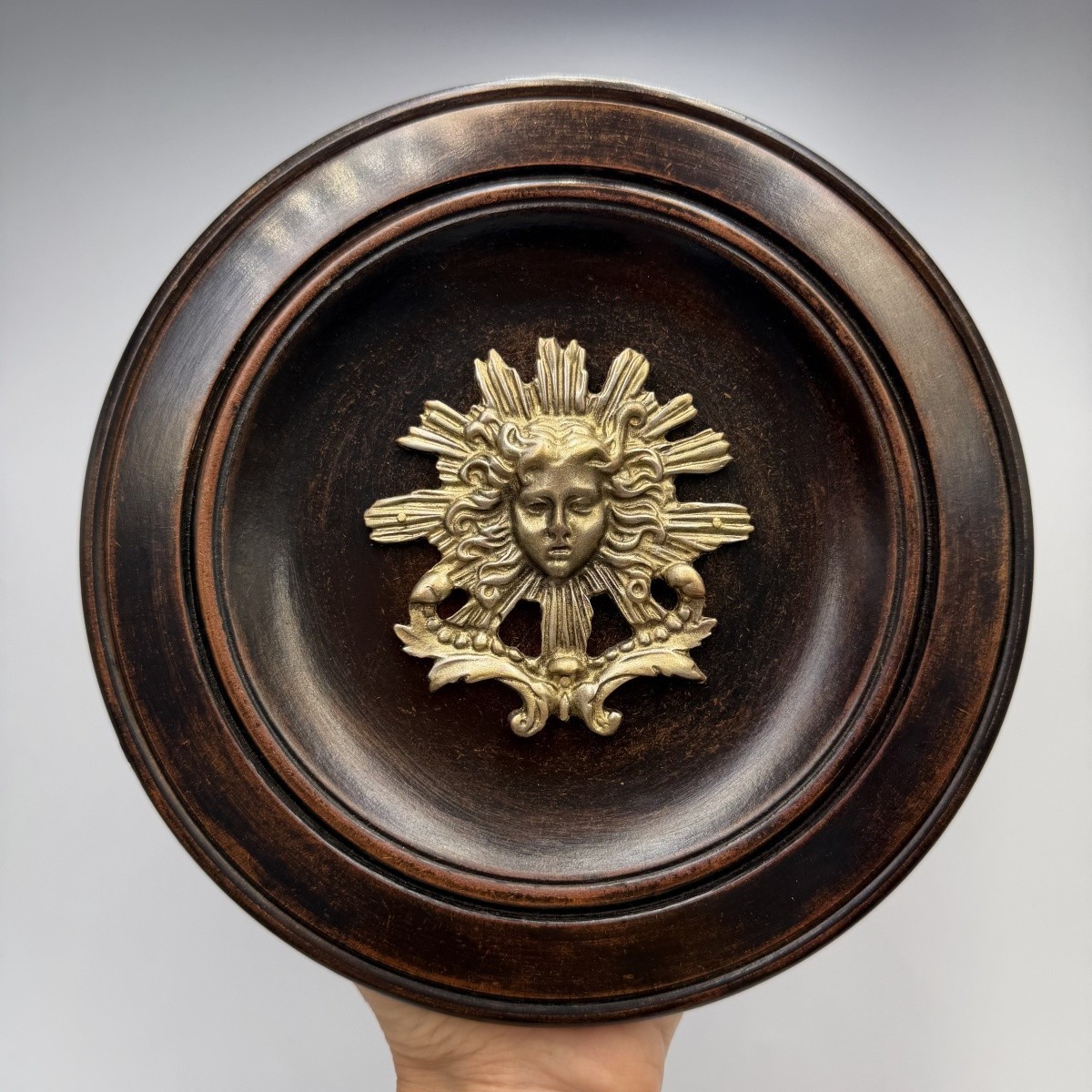 Vintage Mythology Wall Plaque Wood Round Panel Classical Face Relief Decor