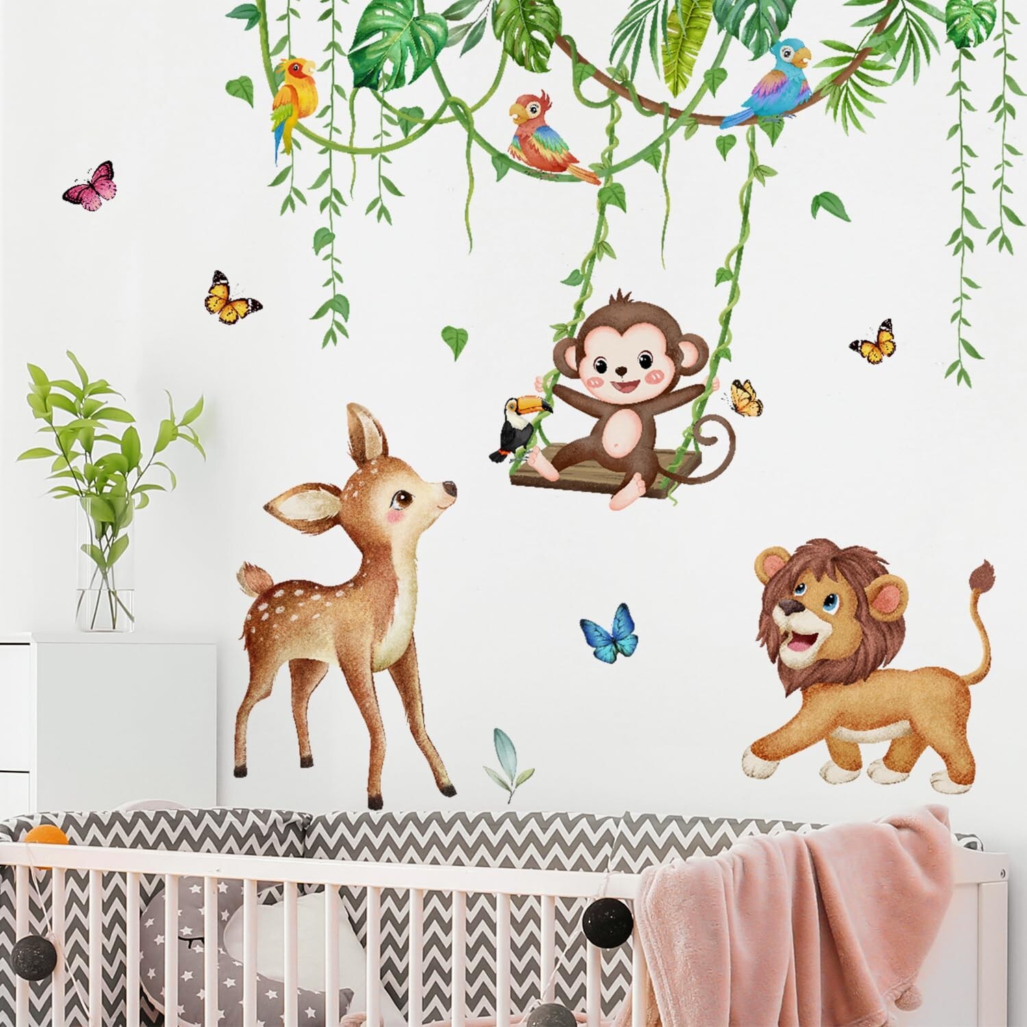 Safari Animals Wall Decals Tropical Leaves Wall Stickers Green Hanging Vines …