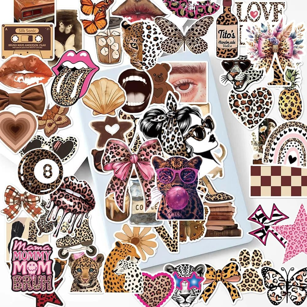 100PCS Leopard Print Stickers Pack – Pink Brown Aesthetic Animal Decals