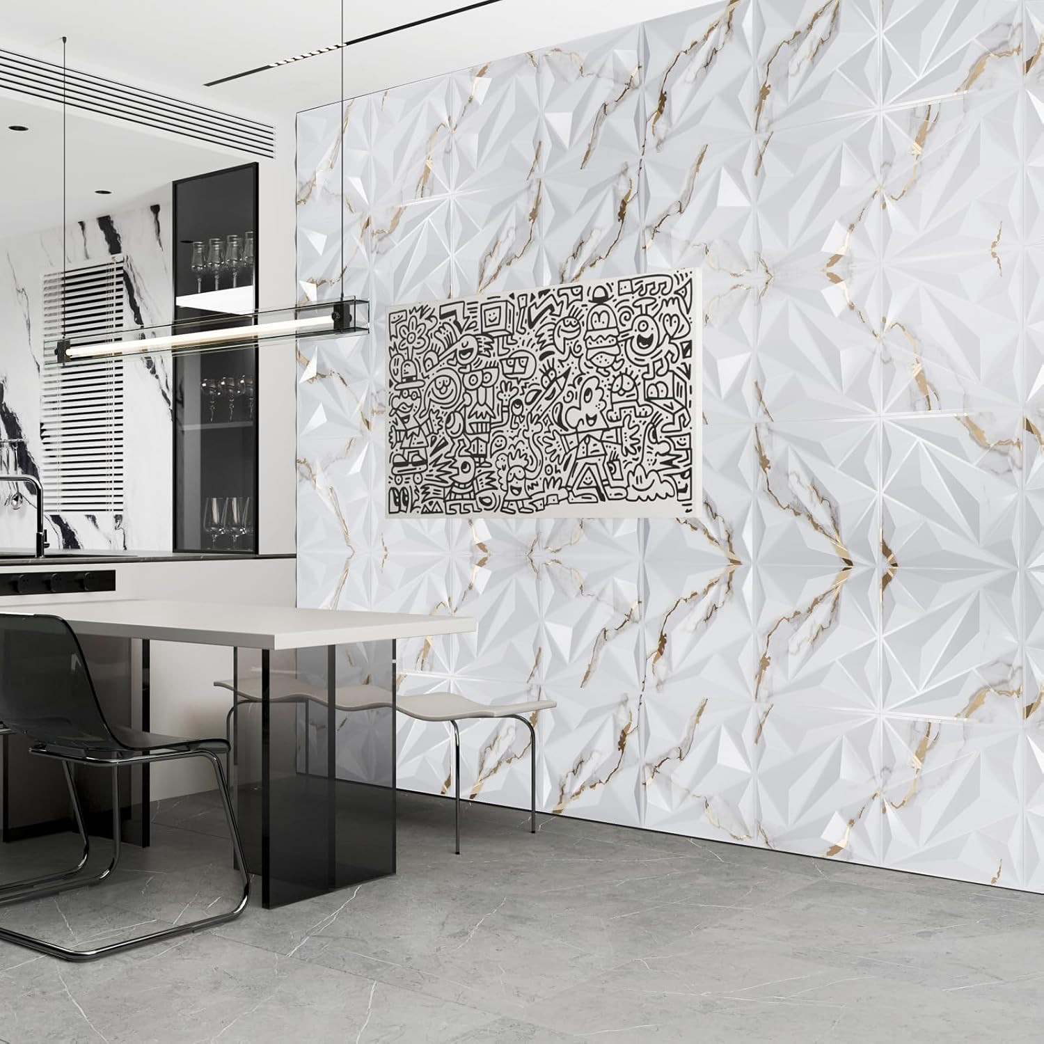 33 Pack 3D Diamond Wall Panels – Gold Veined White PVC Décor, 32 Sq.Ft.