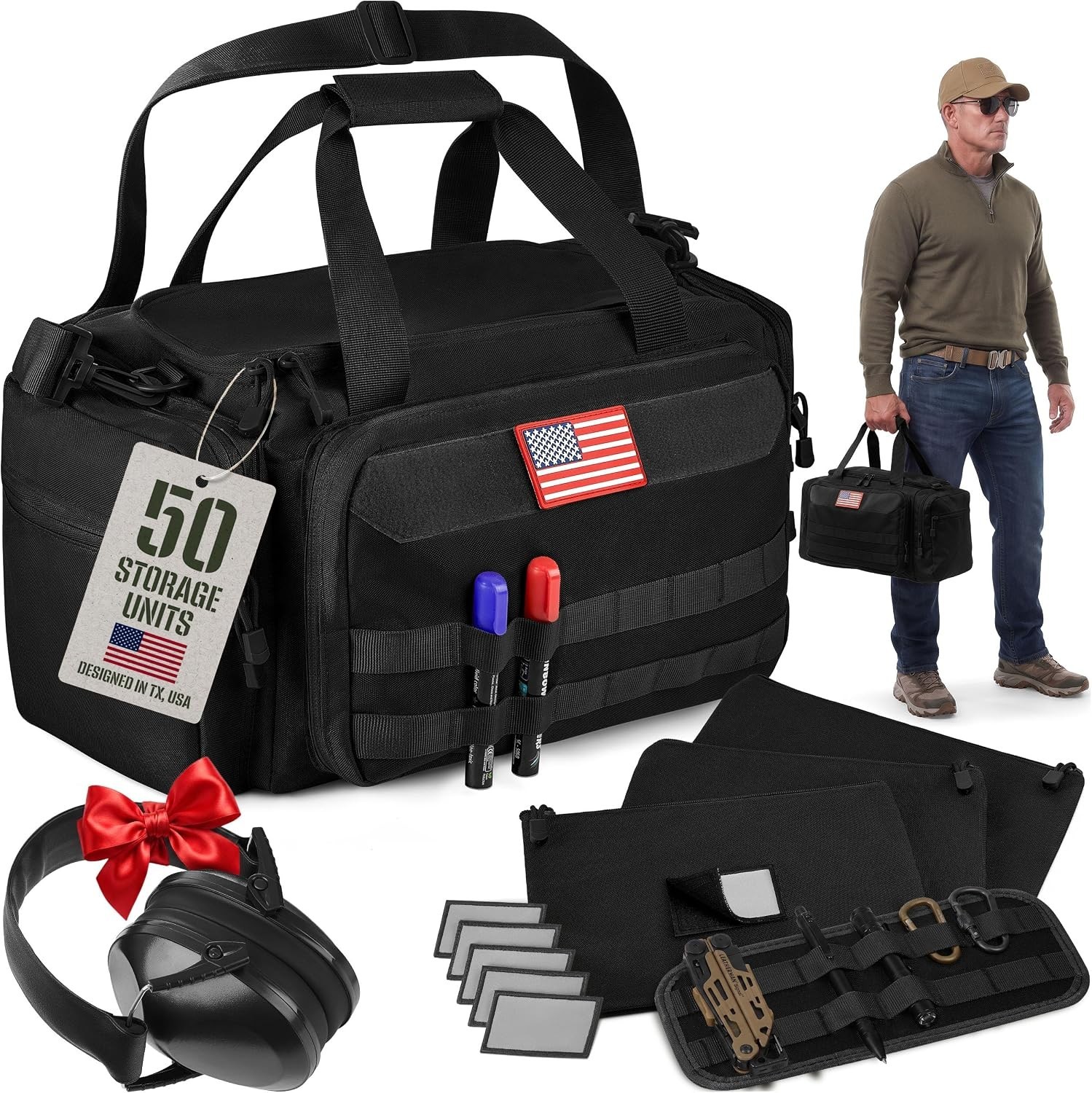 Gun Range Bag with 3 Pistol Cases, Removable MOLLE Organizer, Total 50 Storage U