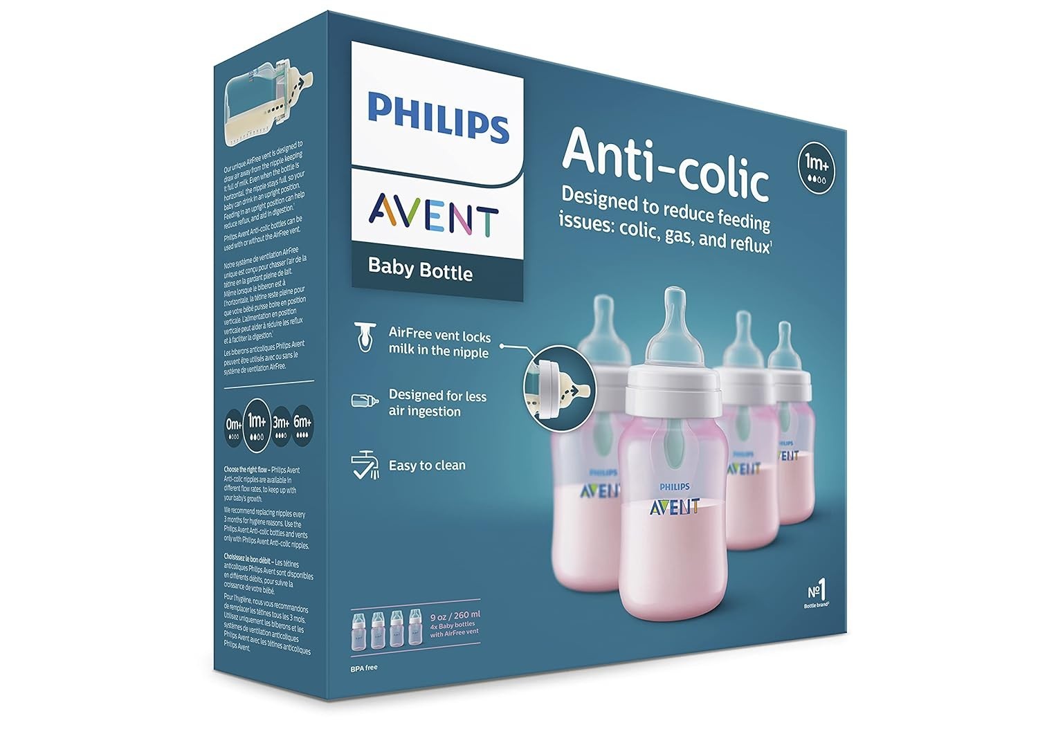 Anti-Colic Baby Bottle with AirFree Vent, 9oz, with Flow 2 Nipples, 1m+, 4pk, P