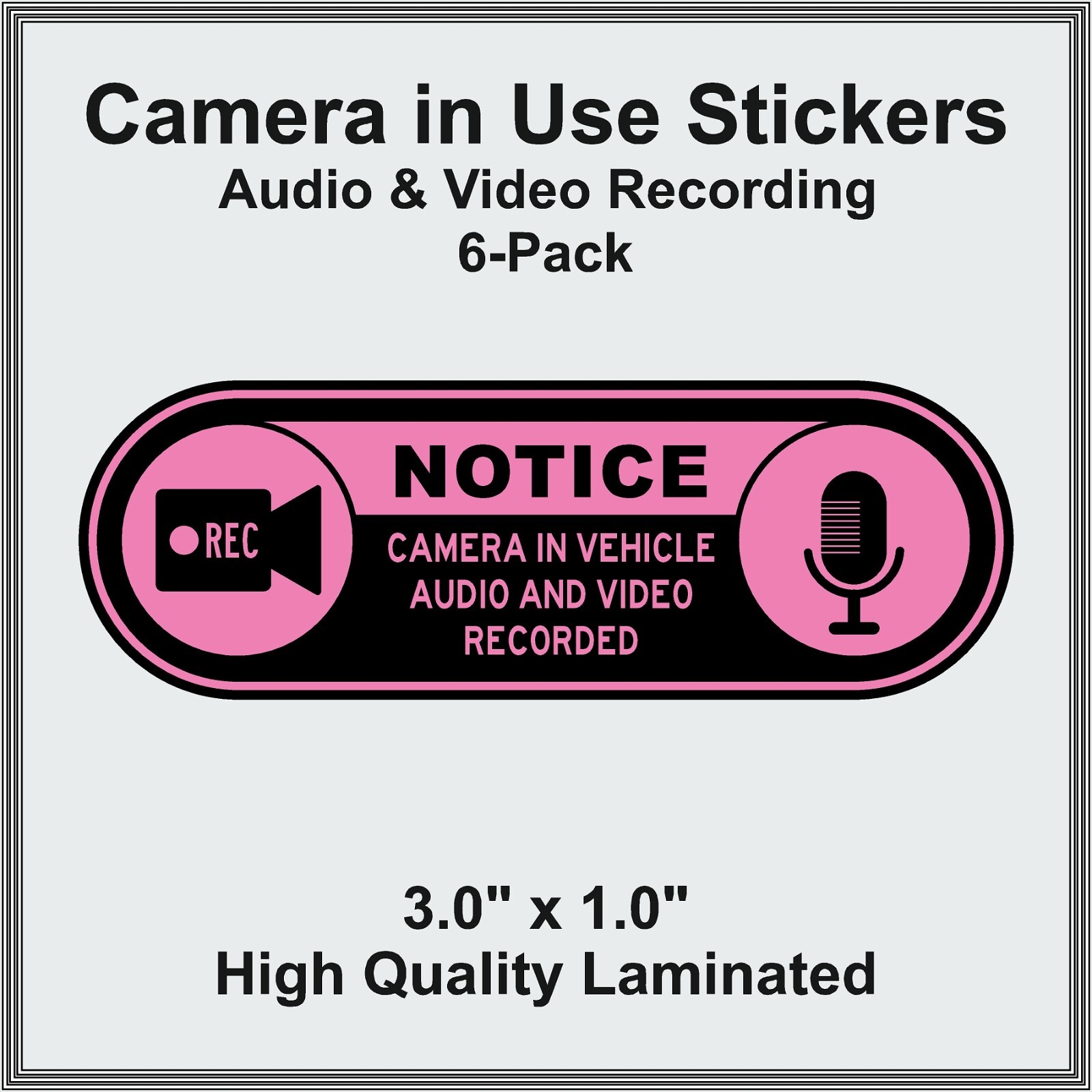 Camera in Car Recording Video 6-Pack Decals Pink & Black 3.0" x 1.0" for Uber