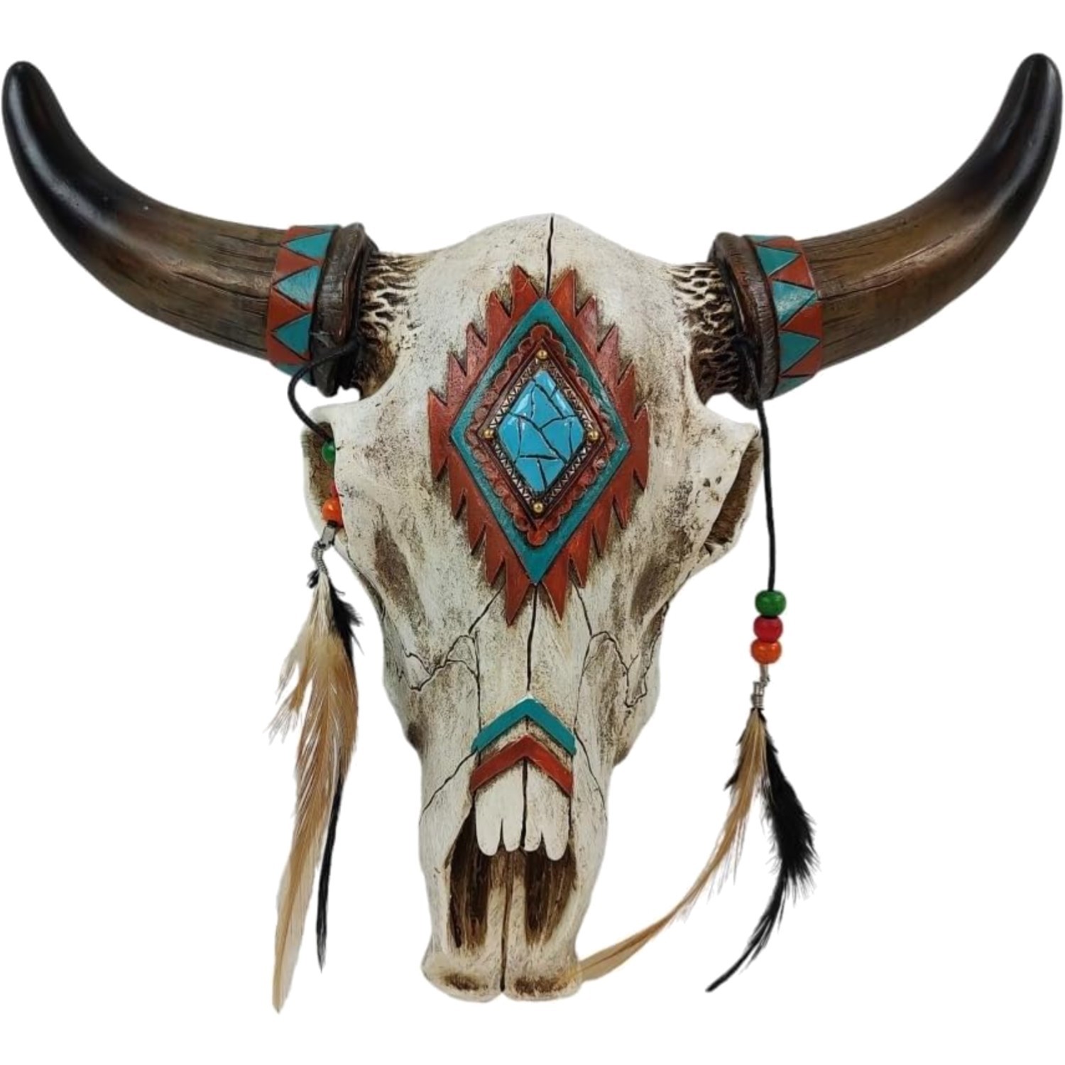 Southwestern Cow Skull Wall Decor Polyresin Feathers Beads Turquoise Rustic