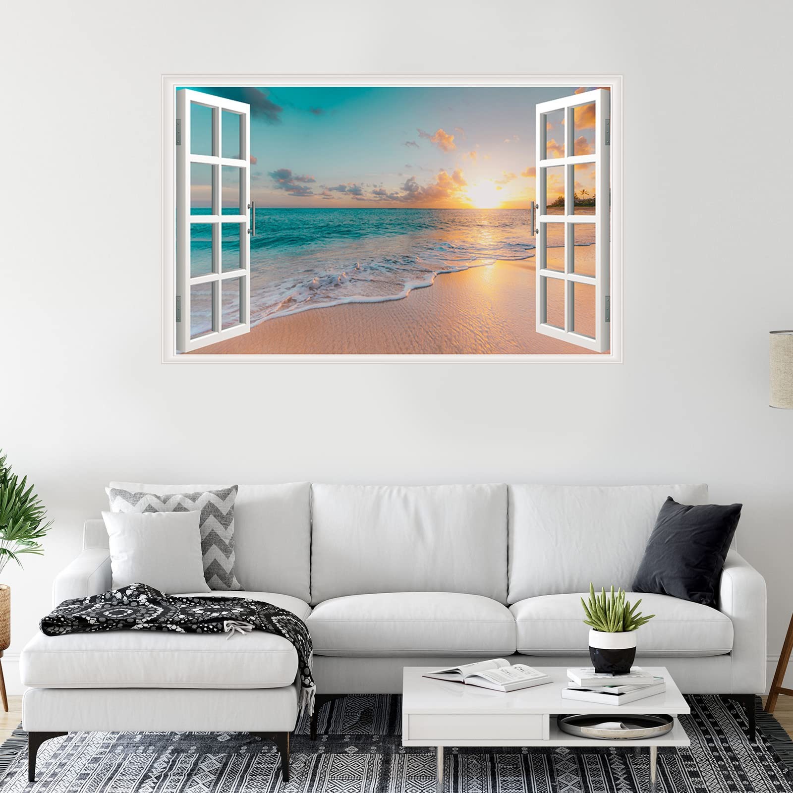 Sea Beach Wall Sticker Sunset Seascape Fake Window Wall Stickers Tropical Sandy
