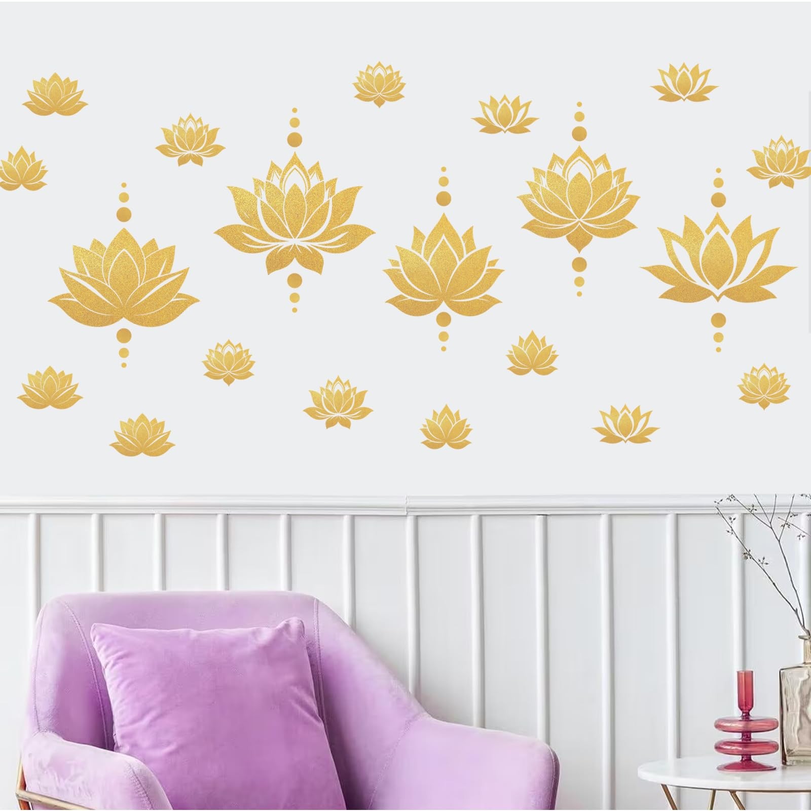 2 Sheets Lotus Flower Wall Decals DIY Gold Dot Removable Vinyl Stickers for Y…