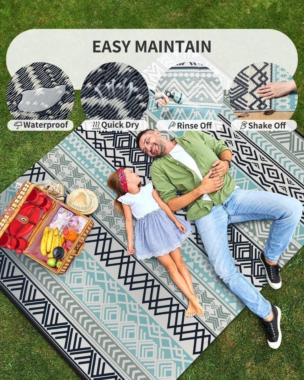 Waterproof Outdoor Rug 5×8 – Reversible Camping Mat, Picnic Beach Carpet, Boho D