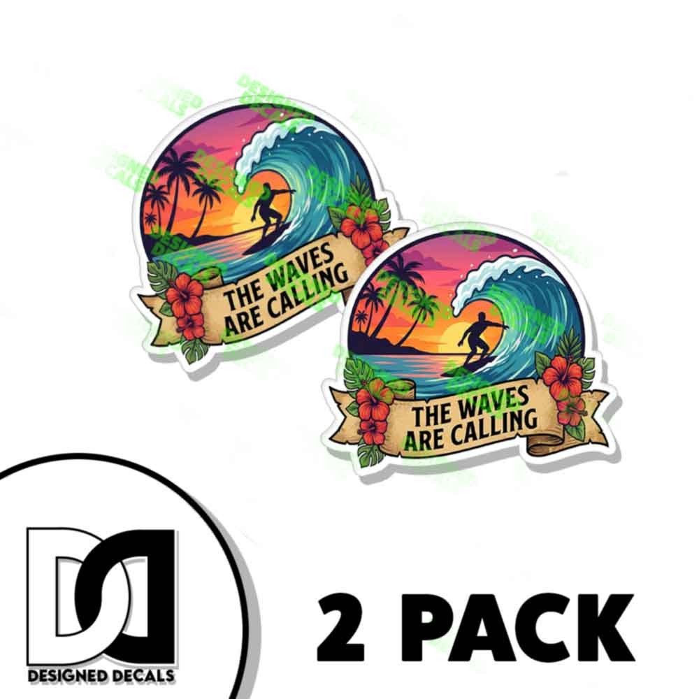 Tropical The Waves Are Calling Hawaii Surfing Sticker Decal Sticker 2 PACK