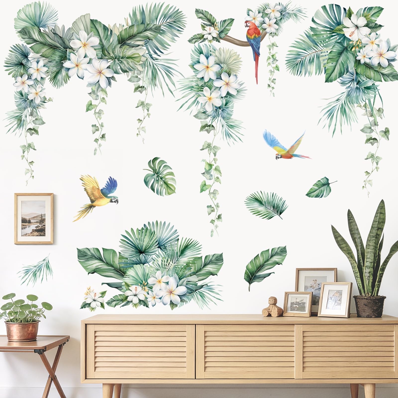 Peelora Jungle Leaves Flower Wall Stickers Hanging Vines Palm Leaf Parrot Wal…