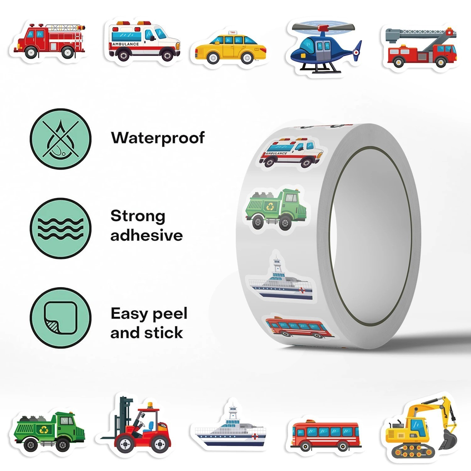 500Pcs Cute Construction Vehicle Stickers Roll Kids Rewards & Party Favors