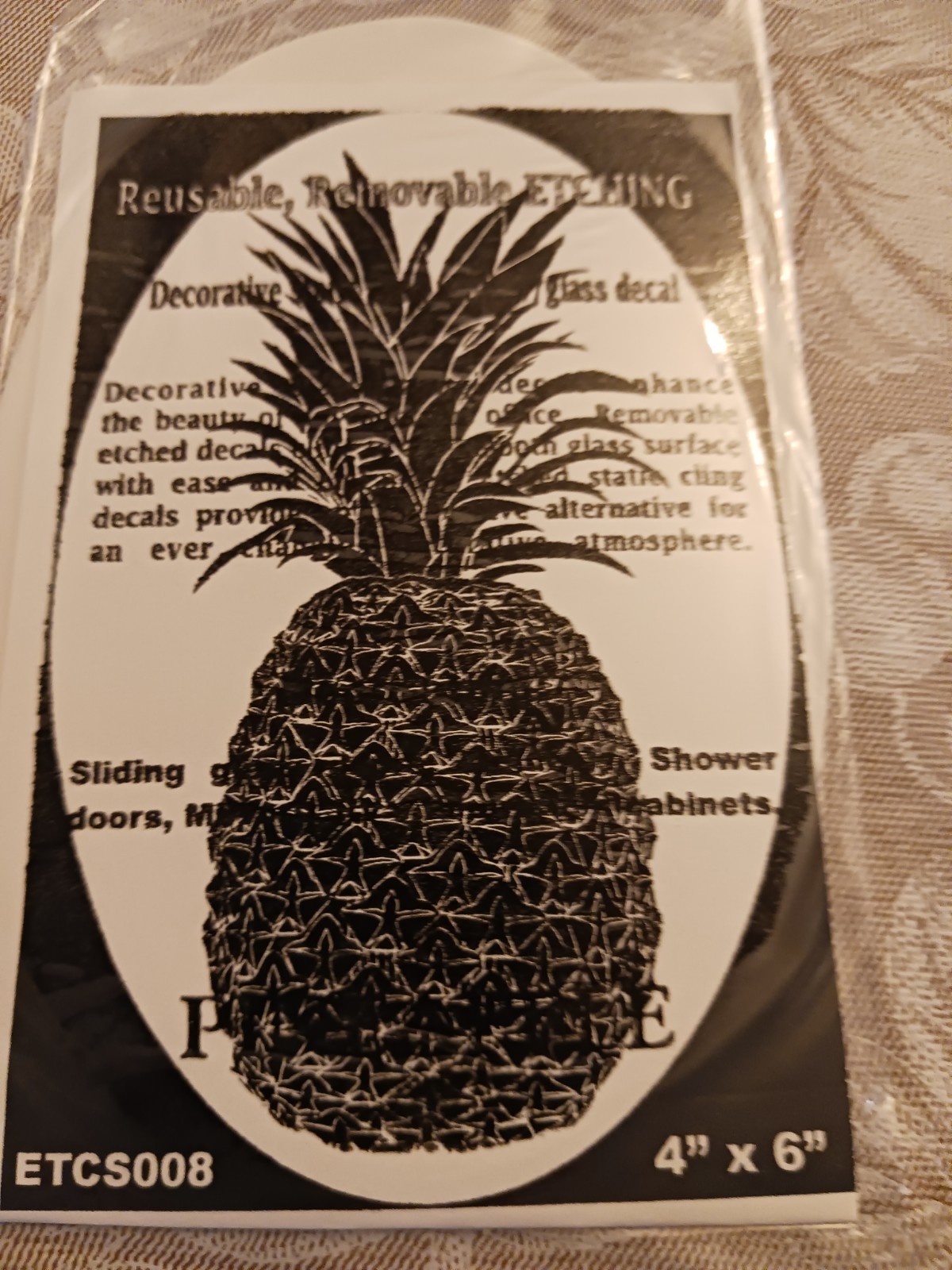 Pineapple Window Decal 4"x6" OVAL Etched Glass Look Cling Removable & Reusable 8
