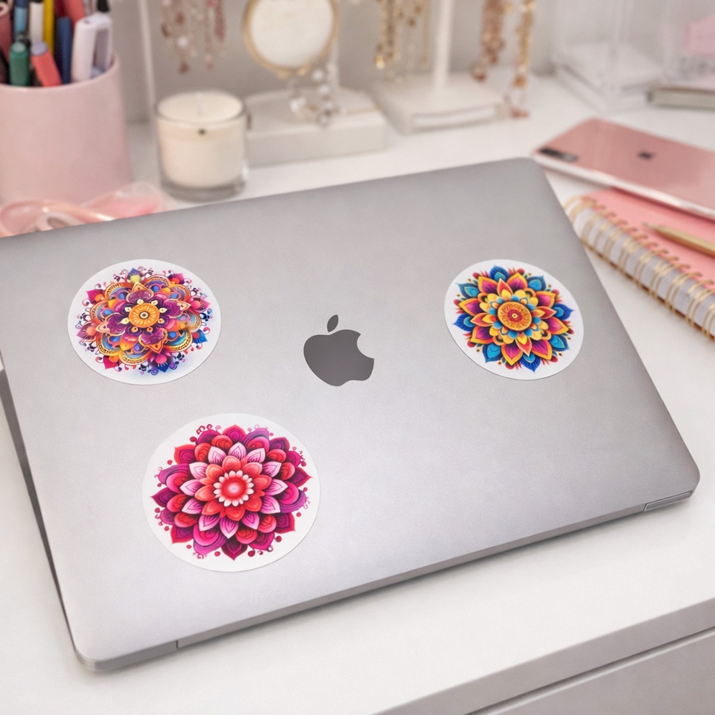 3 Pack Mandala Stickers 2" Round – Colorful Boho Vinyl Decals for Laptop Water