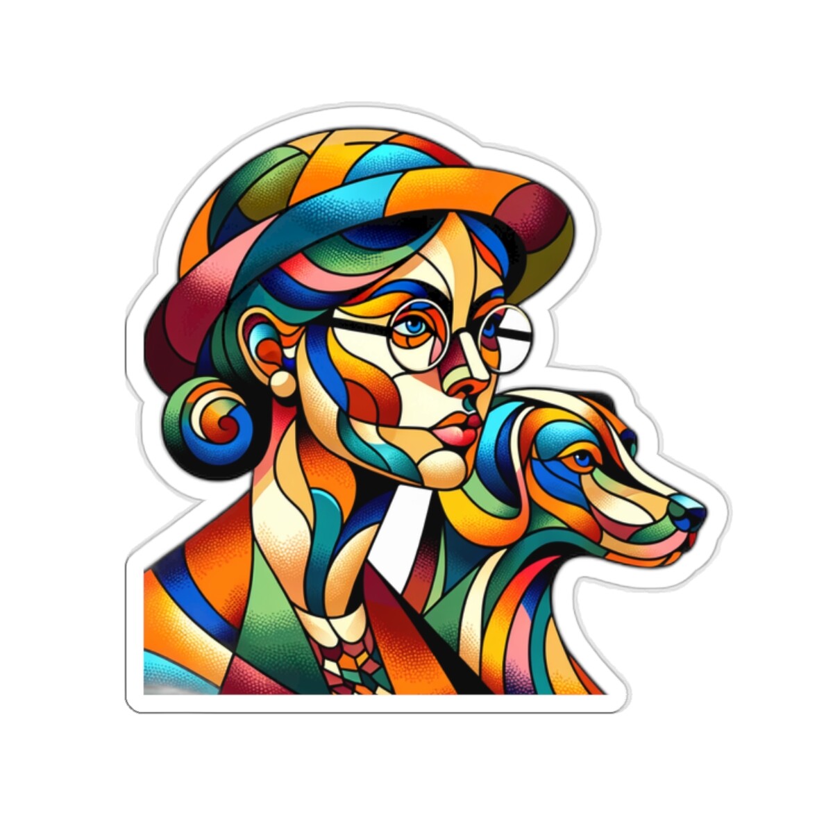Sticker Abstract Cubist Portrait Retro Style Woman with Pet Dog 2×2 3×3 4×4 6×6