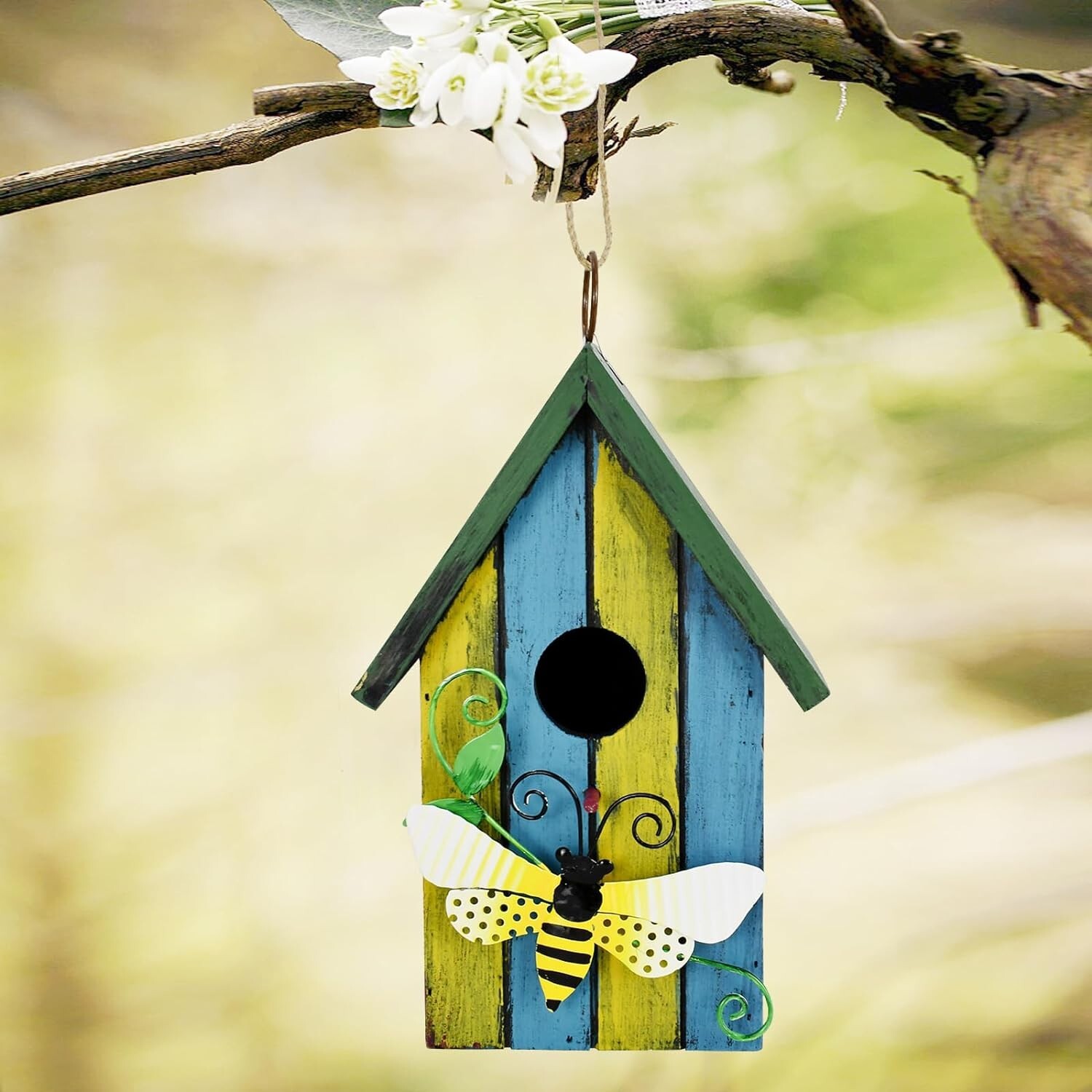 Wooden Decorative Birdhouse Hanging Bird House Hand Painted Birds Box Outdoor