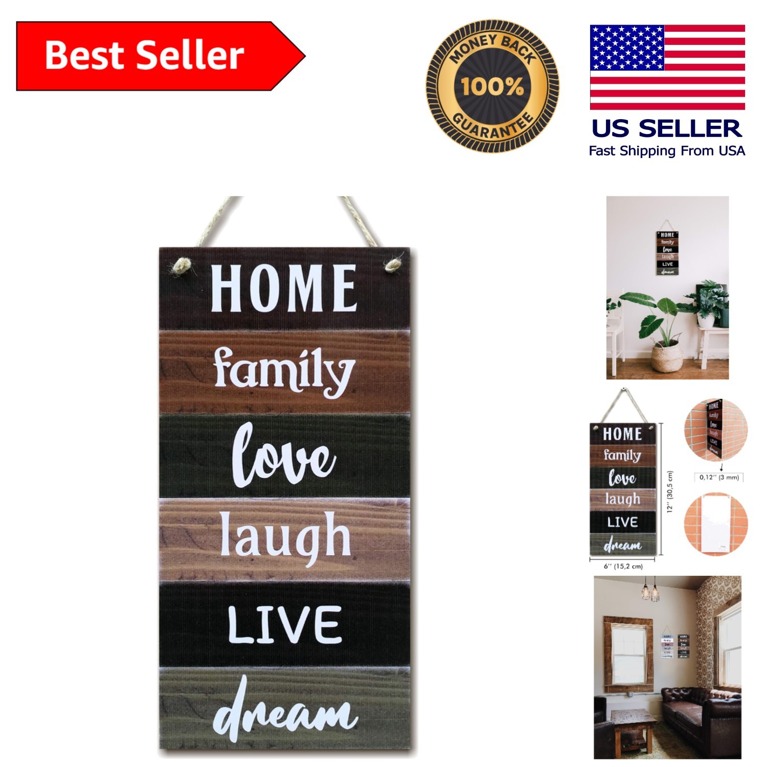 Inspirational Rustic Wall Sign – Home, Family, Love & Dreams 12" x 6"