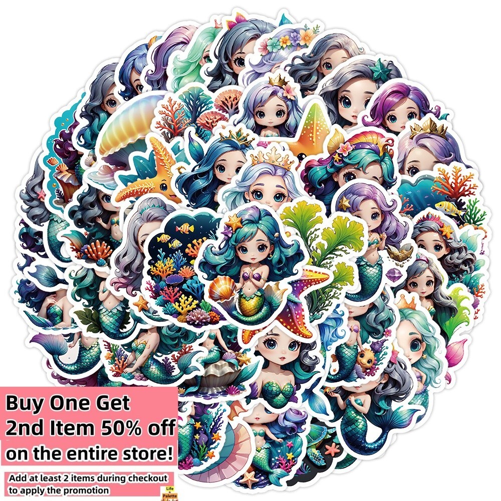 50 Pcs Stickers Cute Mermaid Luggage Skateboard Phone Laptop Bottle Window Car