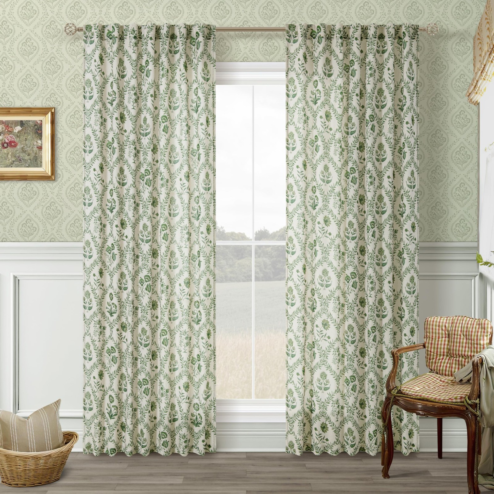 Green Floral Linen Curtains 84 Inch Length for Living Room Bedroom 2 Panels S…