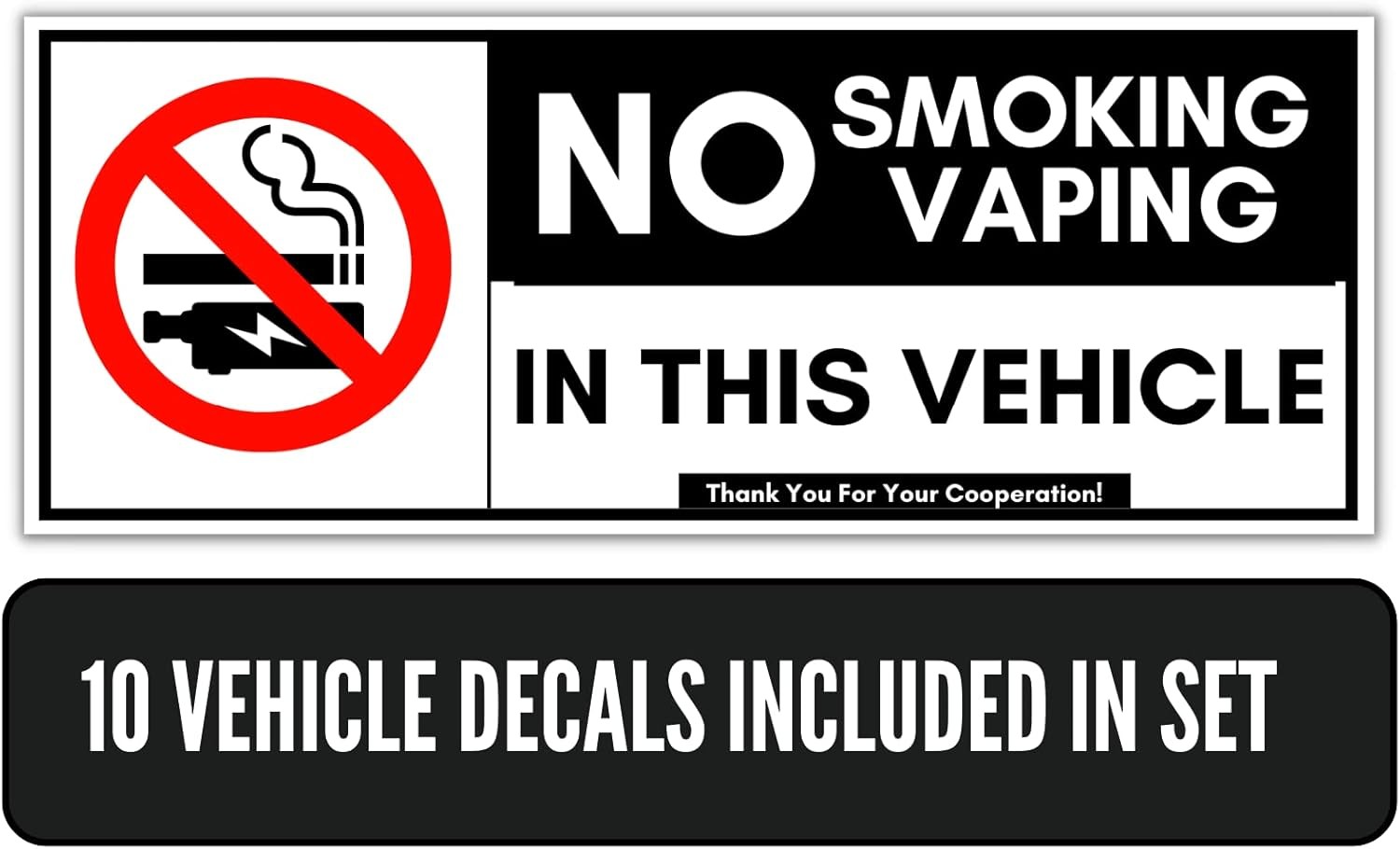 No Smoking for Vehicles Vinyl Sticker 10 Pack Set 2×5, White, Black, Red