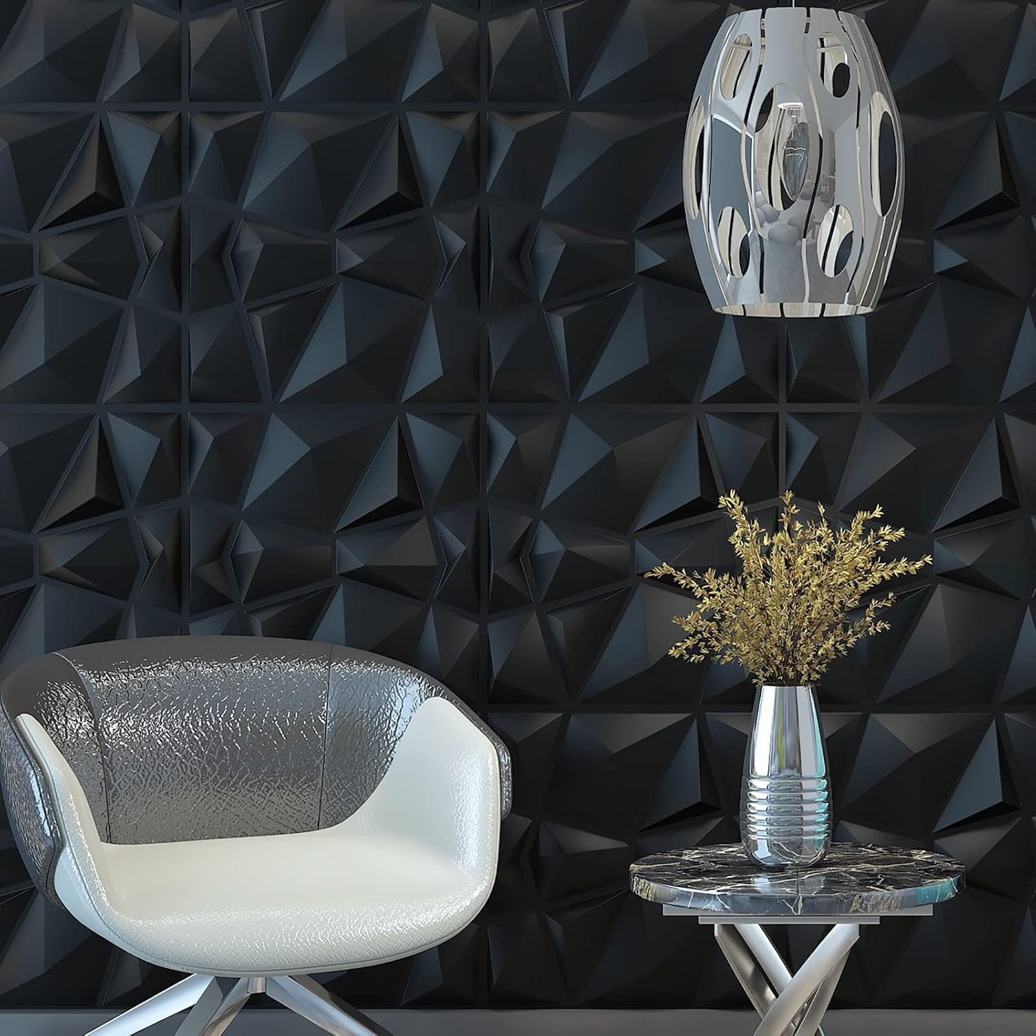3D Wall Panels Diamond Textured PVC for Interior Decor Black 30x30cm 10 Pack