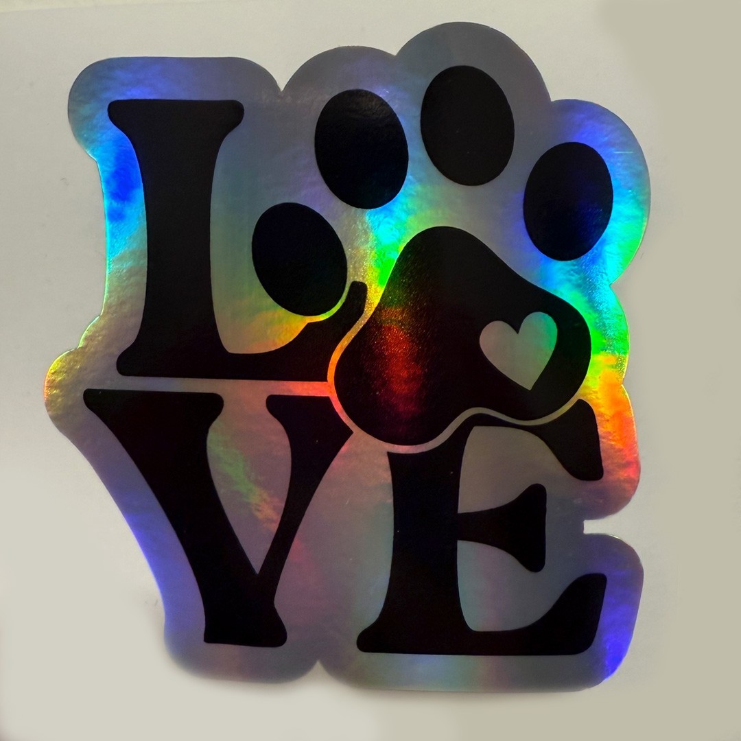 LOVE Paw Print Holographic Sticker –Dog Cat Lover Decal | Rainbow Pet Car Laptop
