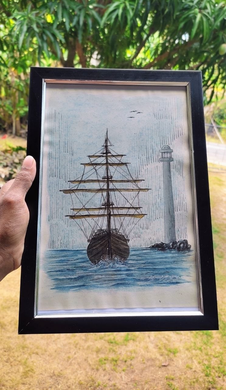 Original Watercolor Painting Ship Lighthouse Framed Nautical Wall Art Handpaint