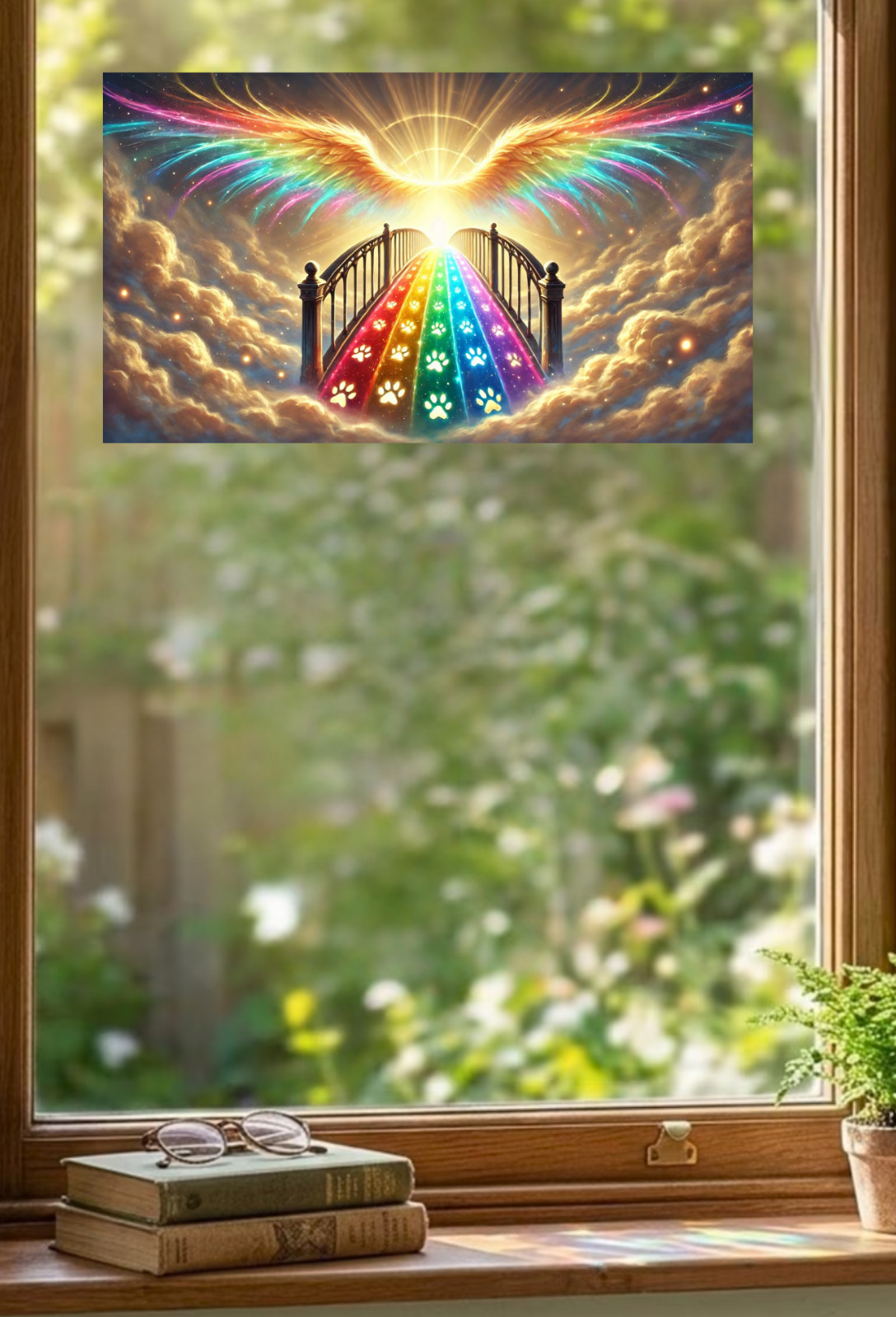 Angel Wings, Rainbow Bridge & Paw Prints WINDOW CLING Size 10.6" Vinyl