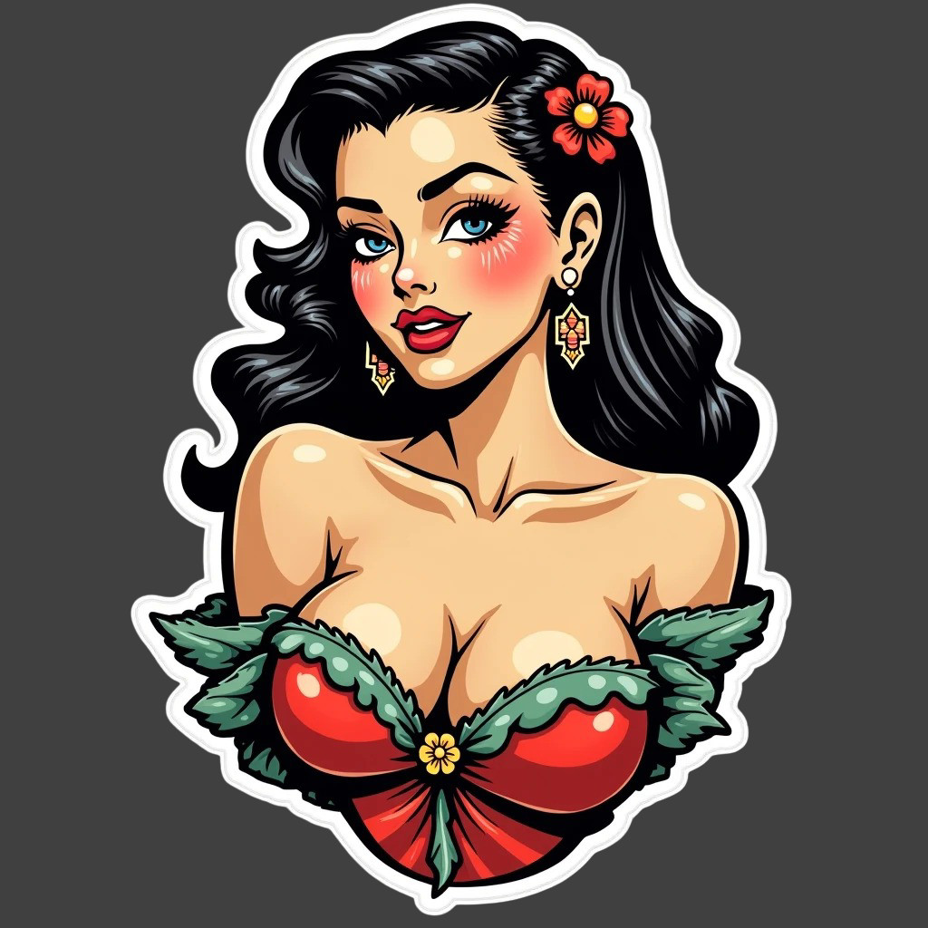Pinup Girl Sticker Vinyl Decal Classic Black Hair Holly Leaf Pinup Style