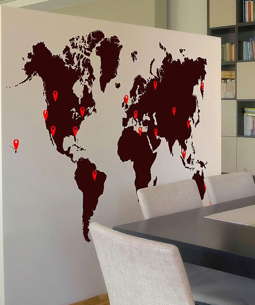 World Map Vinyl Wall Decal Sticker. Includes Location Pins. Office Wall Map #873