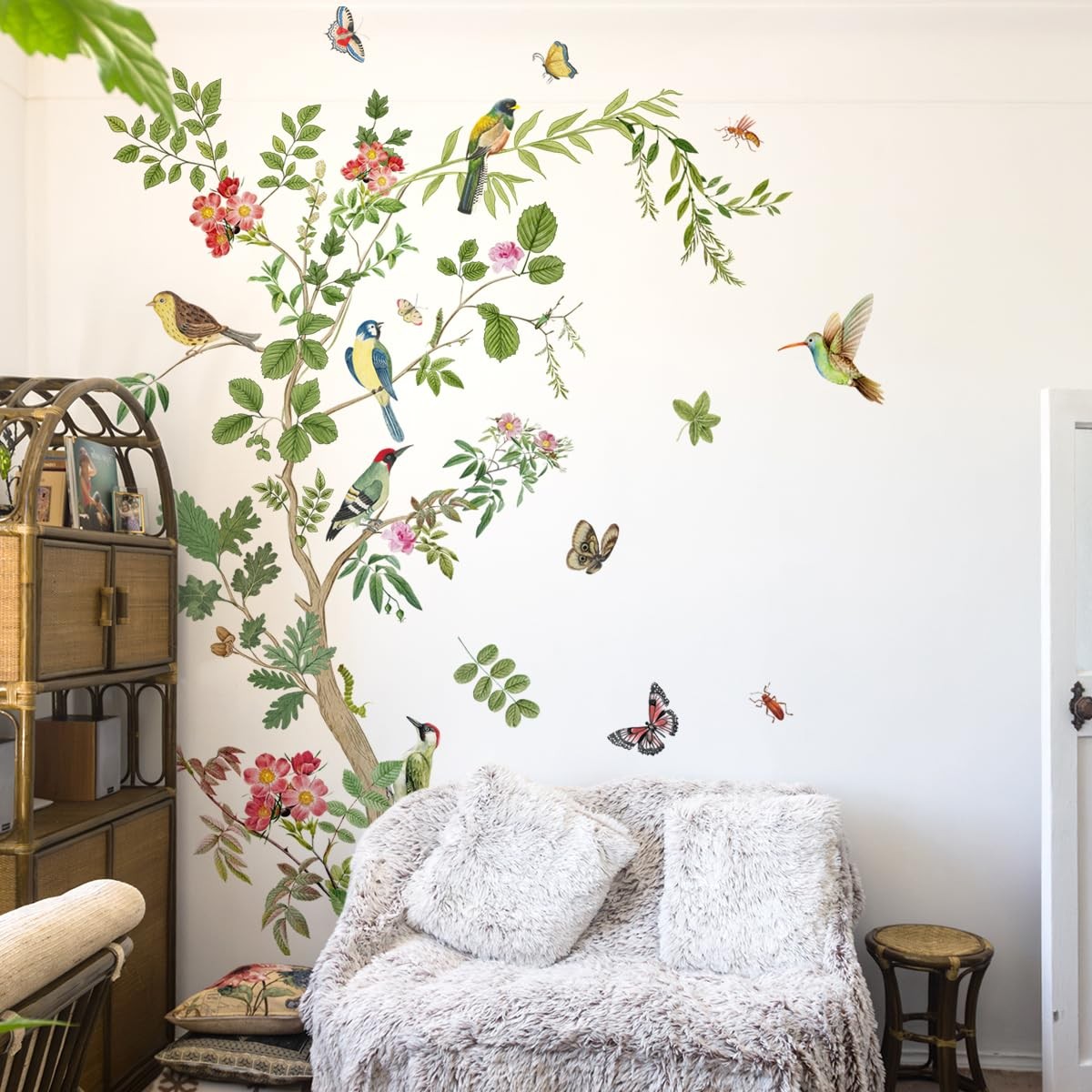 Large Green Tree Wall Decals Floral Tree Branch with Birds Peel and Stick Rem…