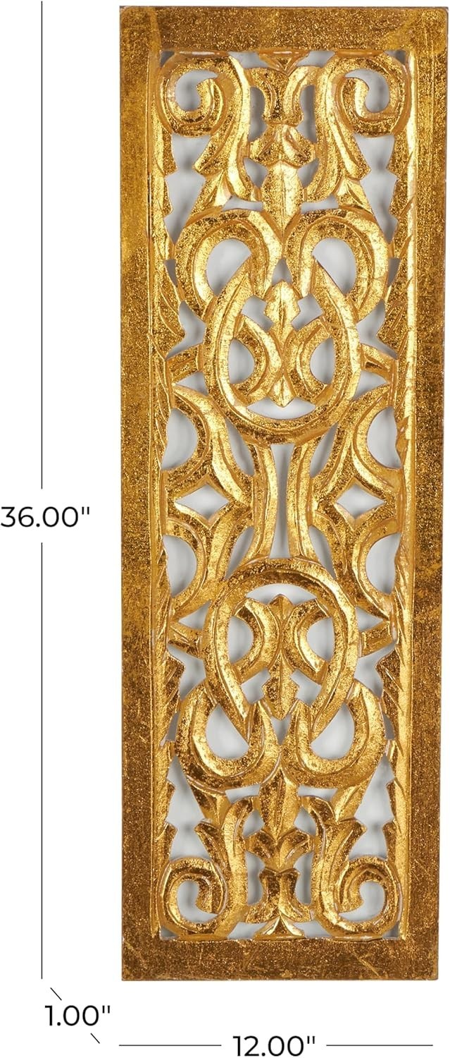 Hand-Carved Floral Wall Sculpture in Gold, 36" x 12" for Elegant Decor