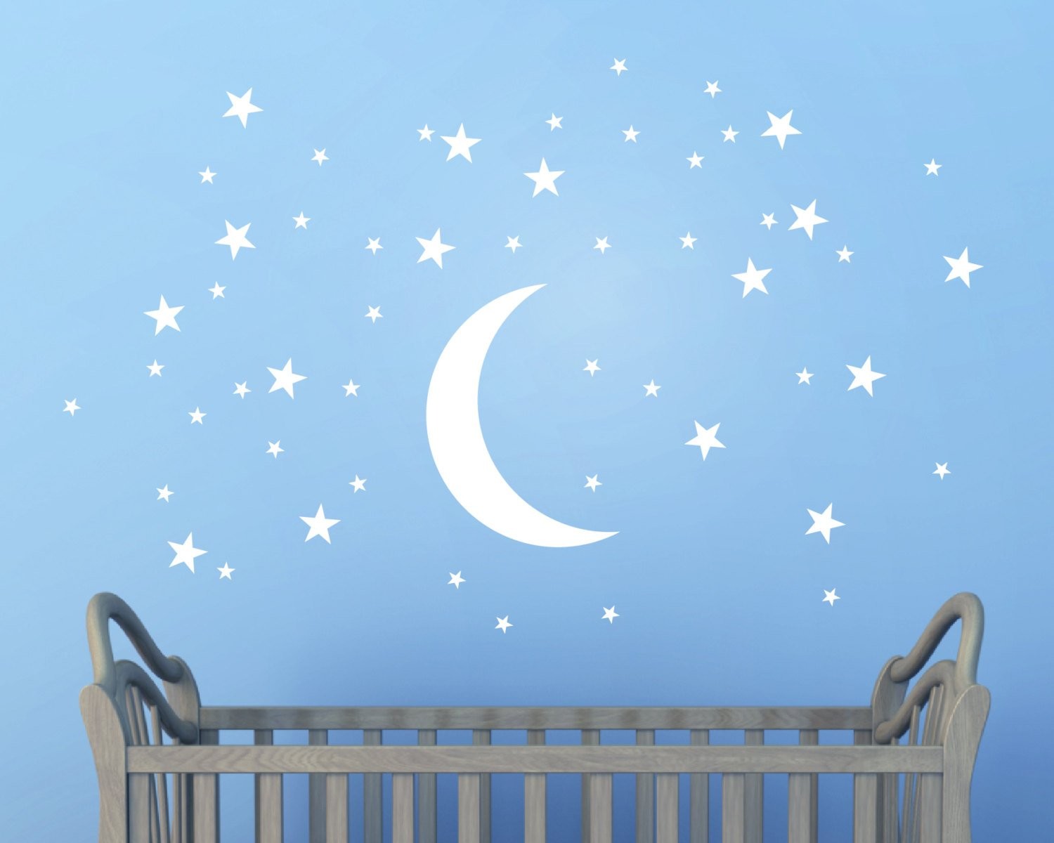 50 Stars and Large Moon Wall Stickers for Room Creative White Stars Baby Wall…