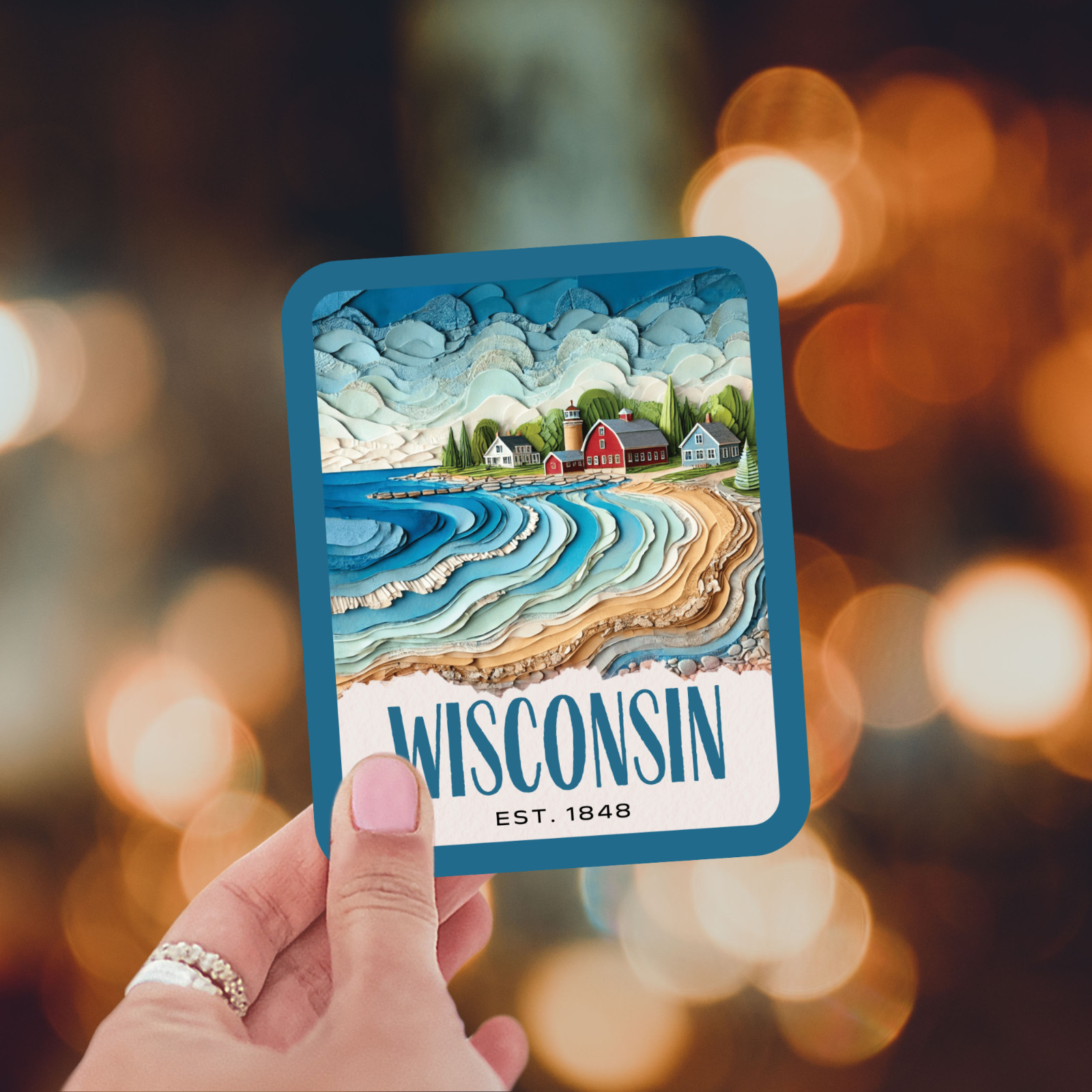 Wisconsin State Sticker, Paper Collage Look, Scenic Door County Decal