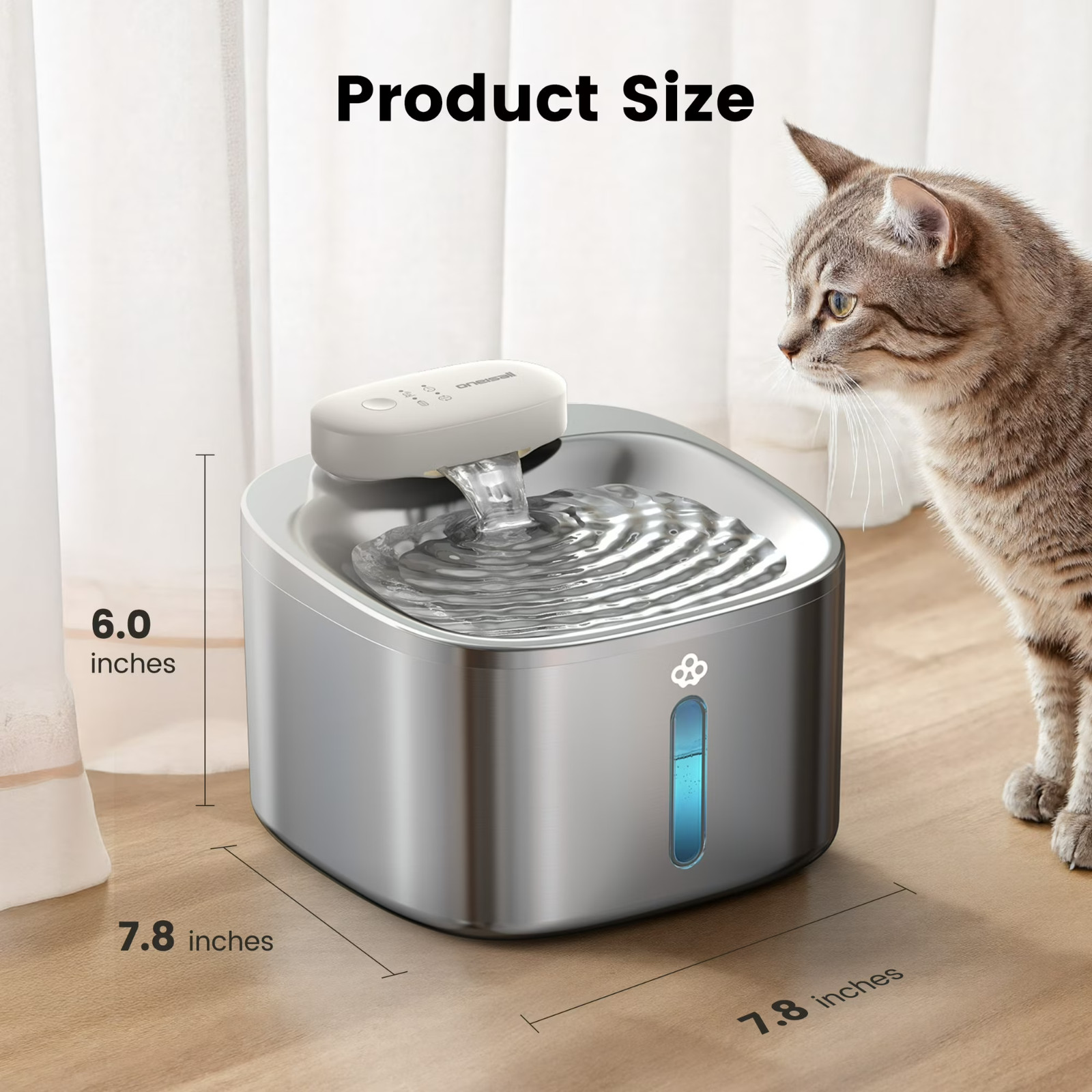 Oneisall CW-01 Wireless Cat Water Fountain 304 Stainless Steel, 3.5L/118oz Cordl