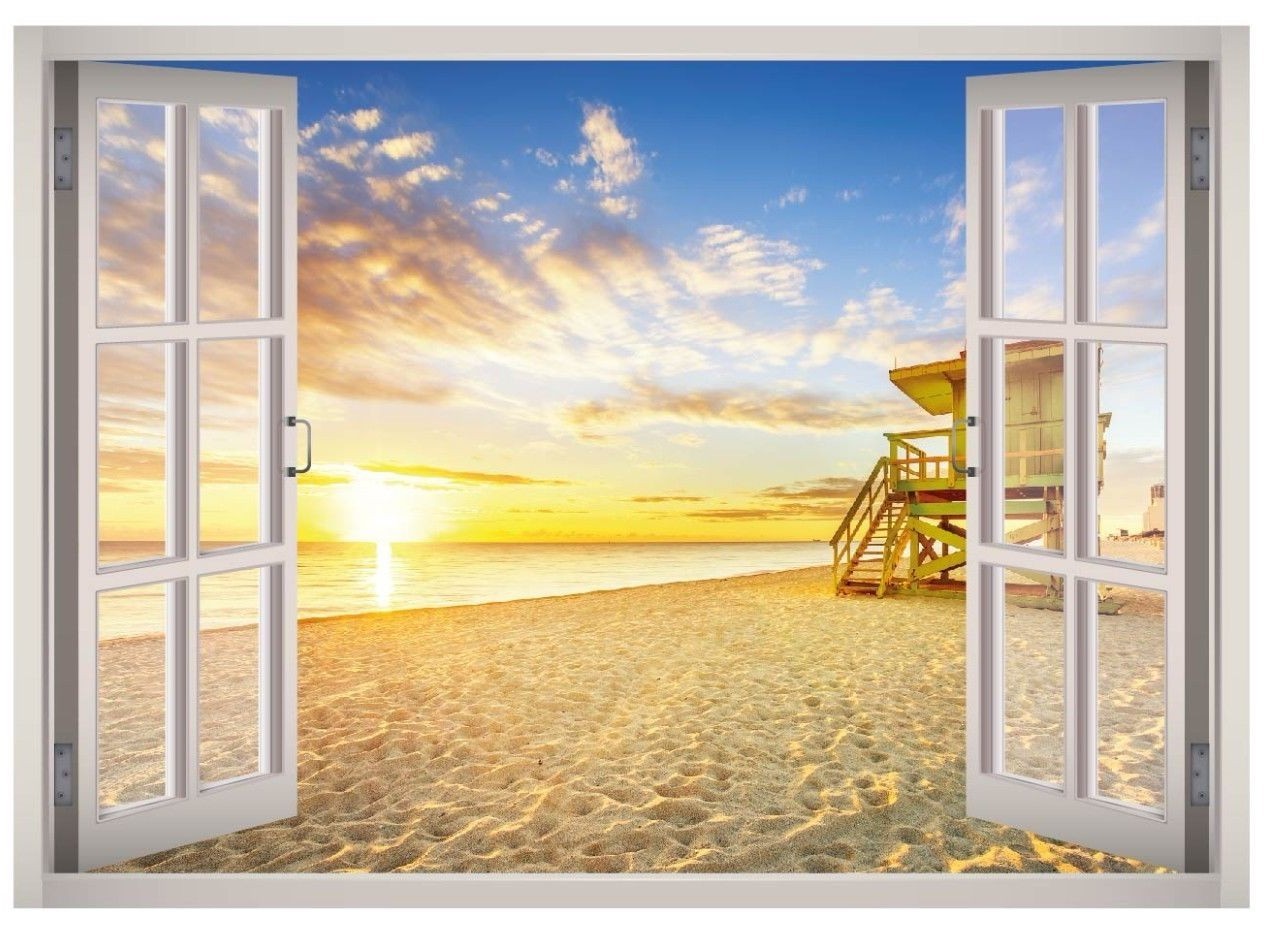 Hawaii Beach View Window 3D Wall Decal Art Mural Home Decor Canvas Vinyl W68