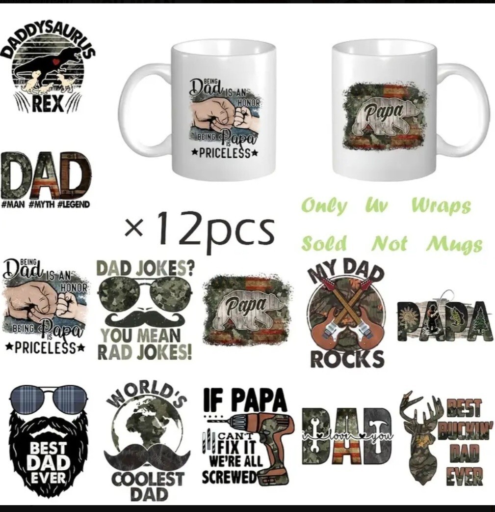 UV DTF Fathers Day Beard Mustache Transfer Sticker Set 12 Decals Appx 2.24 x 2.5