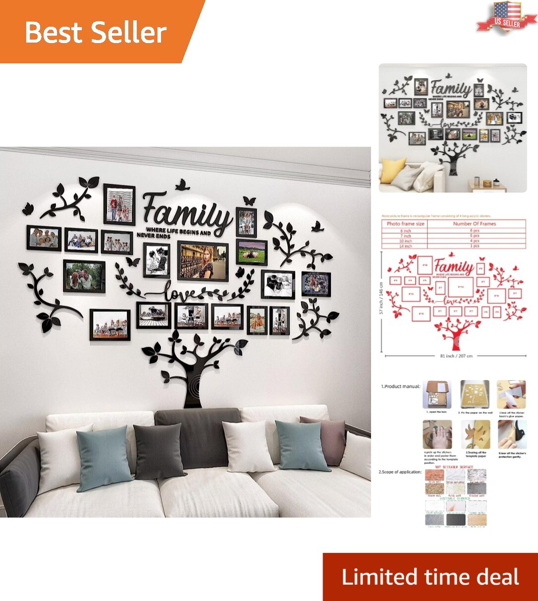 Premium Family Tree Wall Sticker – Acrylic – 57"x81" – 17 Picture Frames
