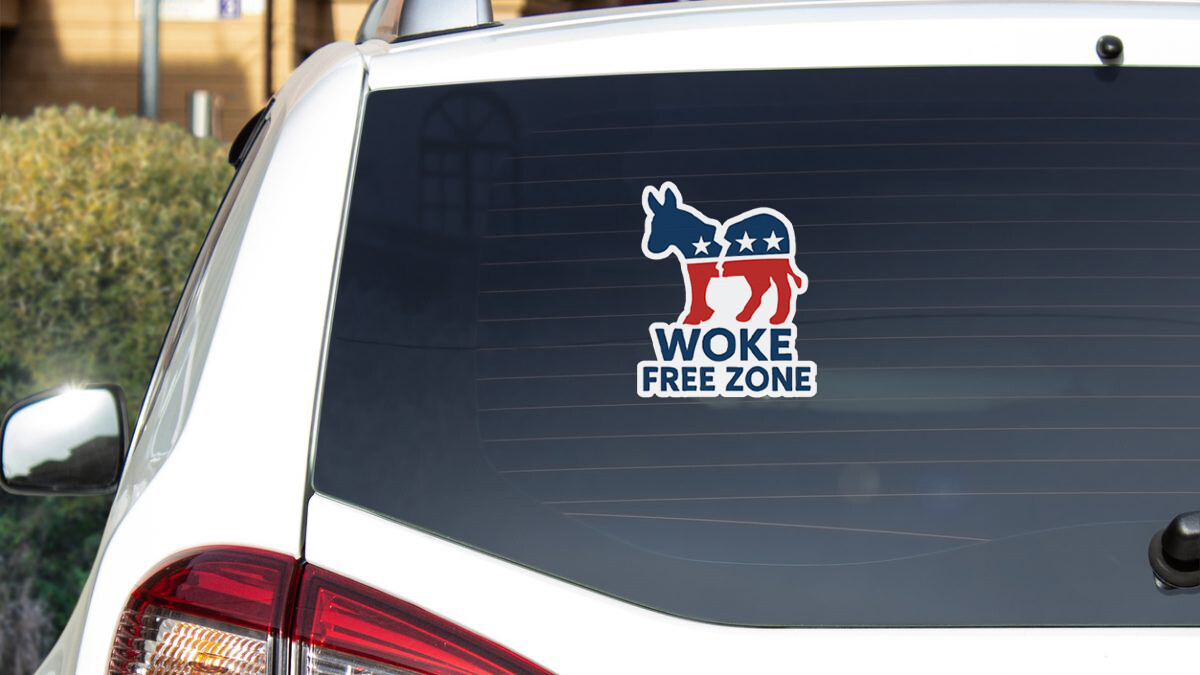 Woke Free Zone Sticker Broken Democrat Donkey Decal for Conservative Laptops