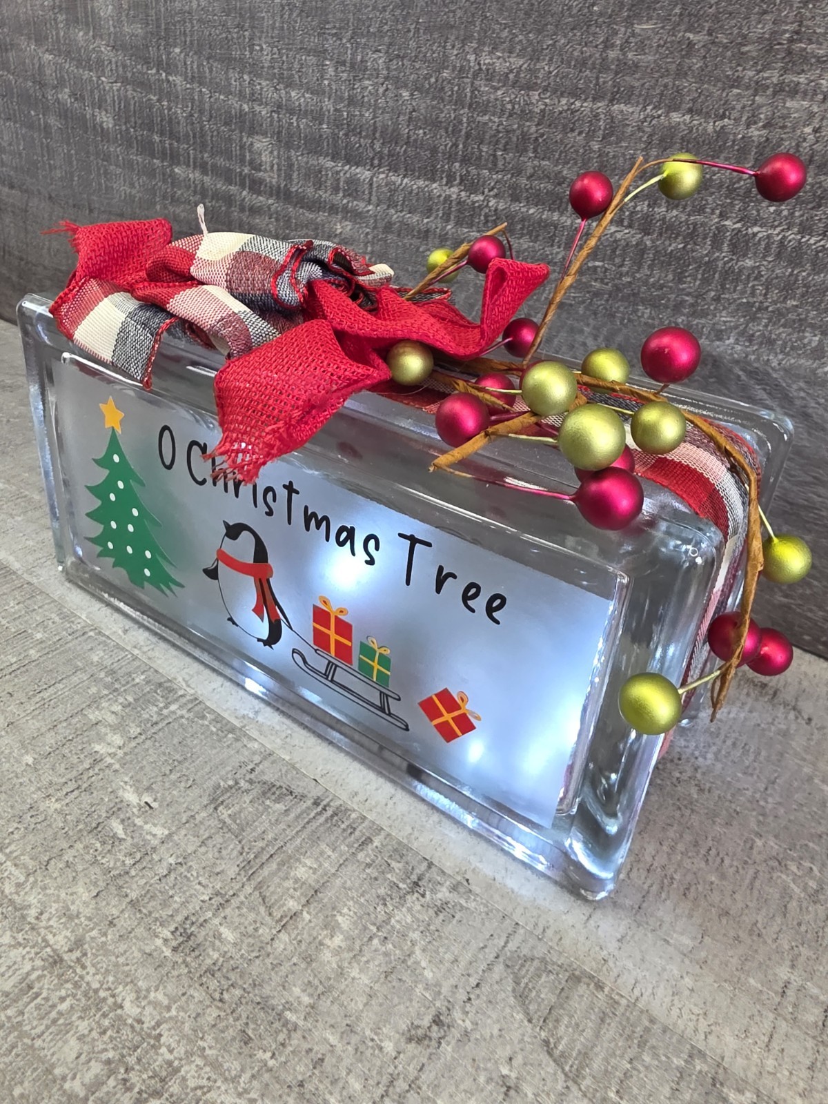 Handcrafted Christmas Penguin Glass Block 8x4x3" Lights Up O Christmas Tree g50