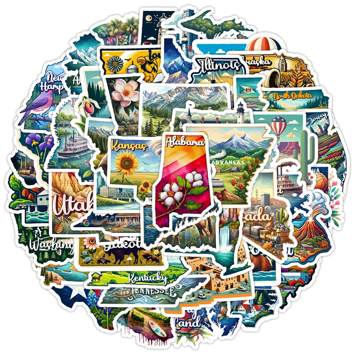 50 Pcs Stickers USA 50 States Clipart Travel City Luggage Auto Car Fridge Vinyl