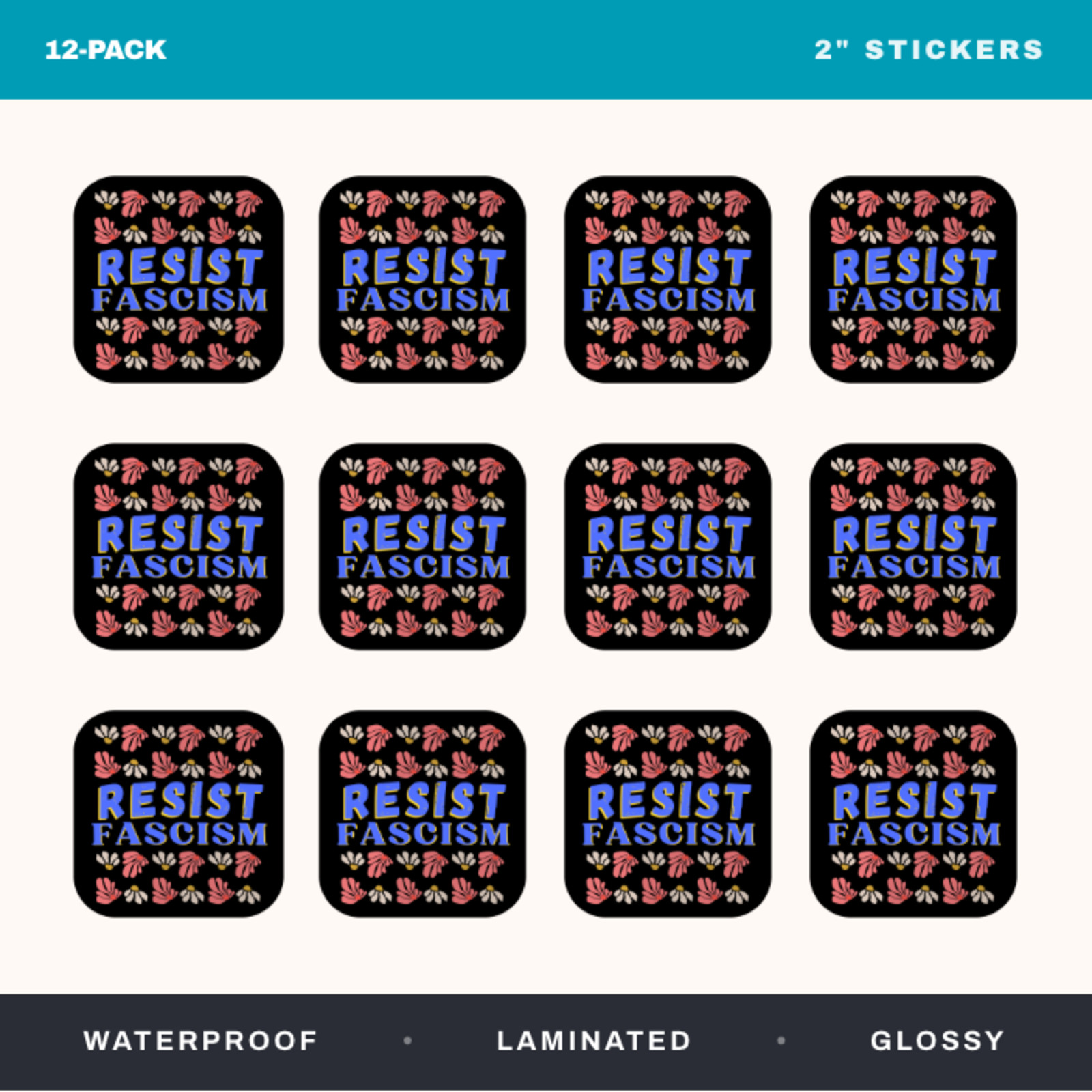 12-Pack RESIST FASCISM Anti-Fascism Stickers 2" Die-Cut Waterproof Vinyl Decals