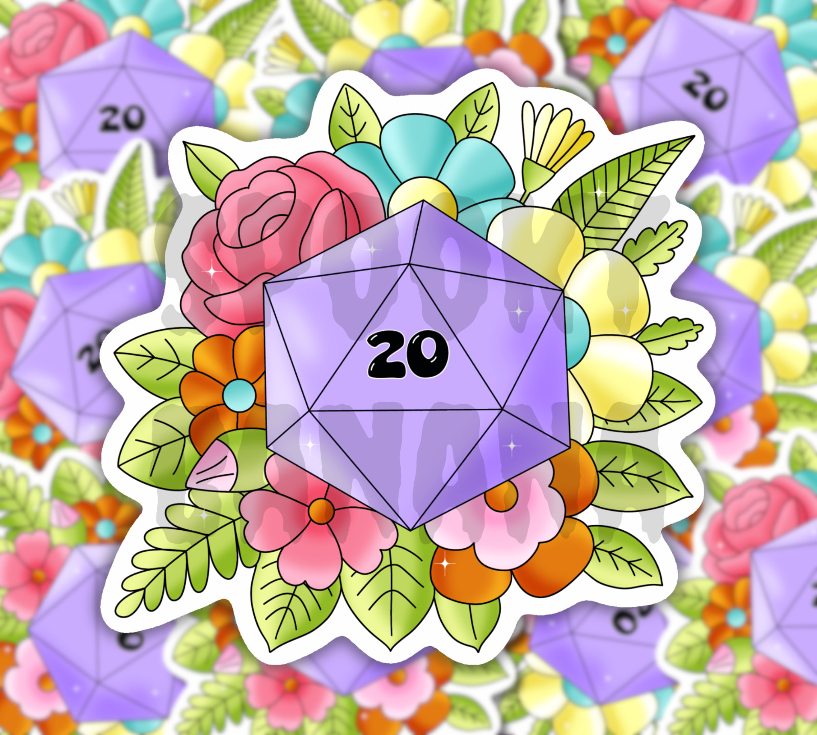 D20 Floral Dice Vinyl Sticker | DND RPG Tabletop Flower Dice Decal