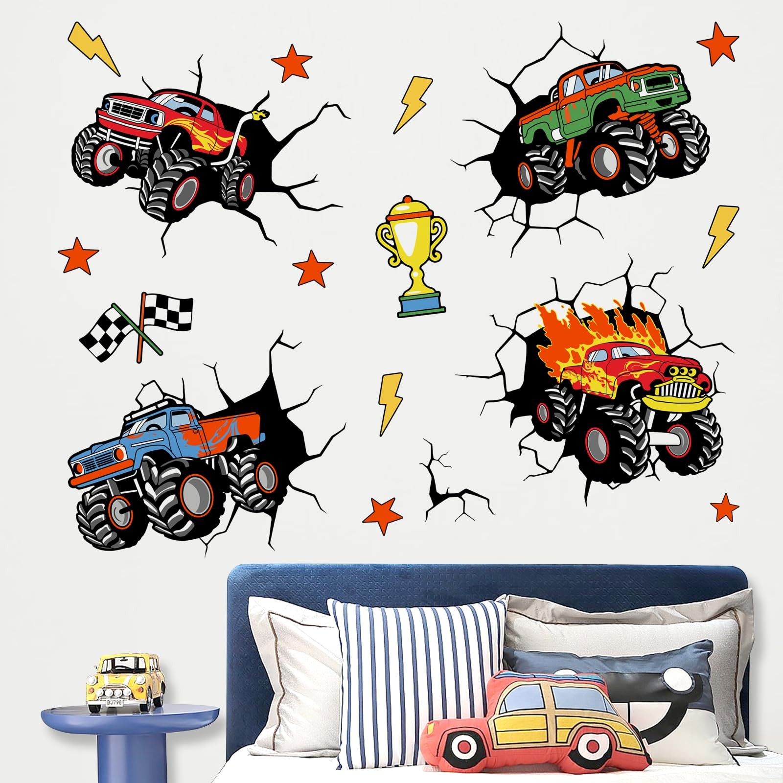 3D Racing Cars Wall Decals Stickers, Trucks Vehicles Break Through Baby Nurse…