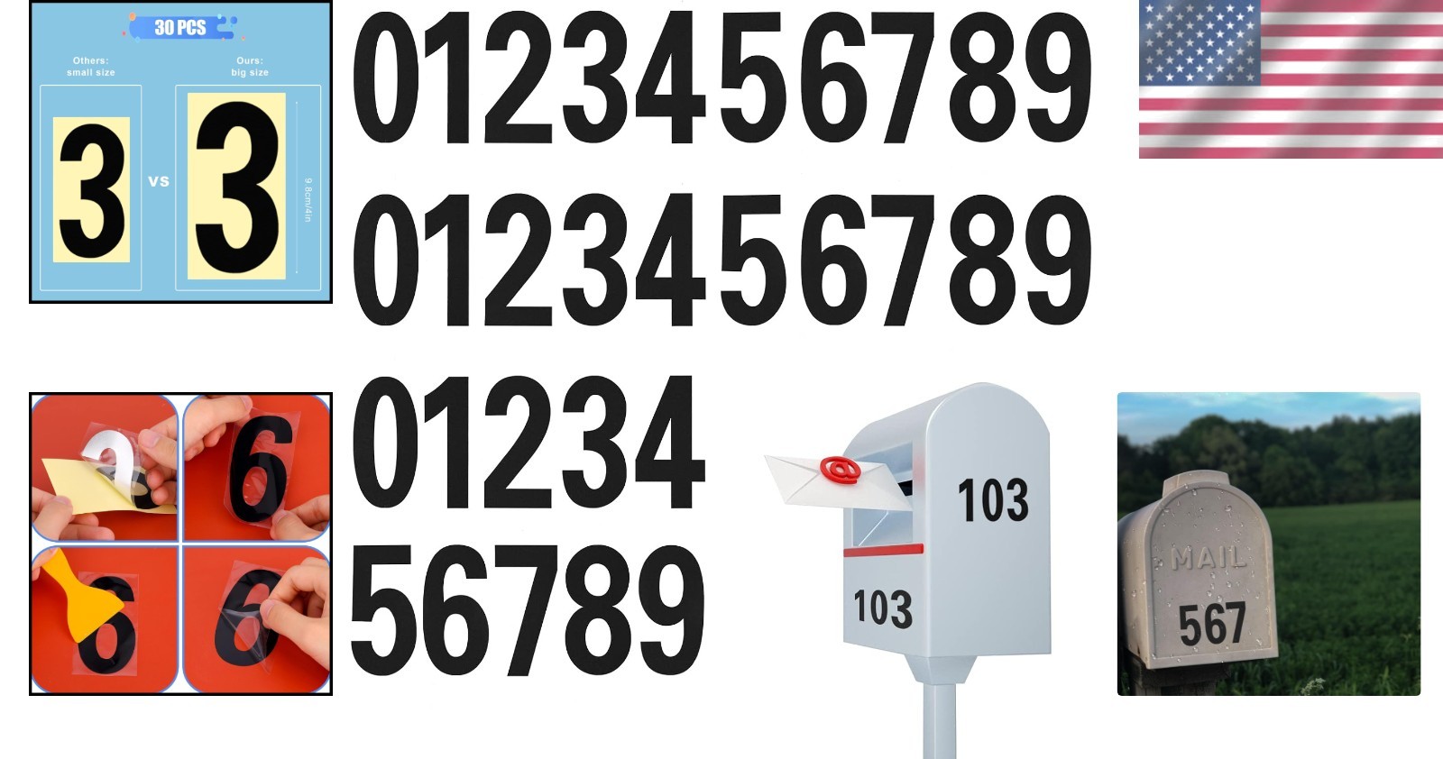 Reflective Mailbox Numbers Stickers 4 Inch Black PVC Vinyl 30 Count