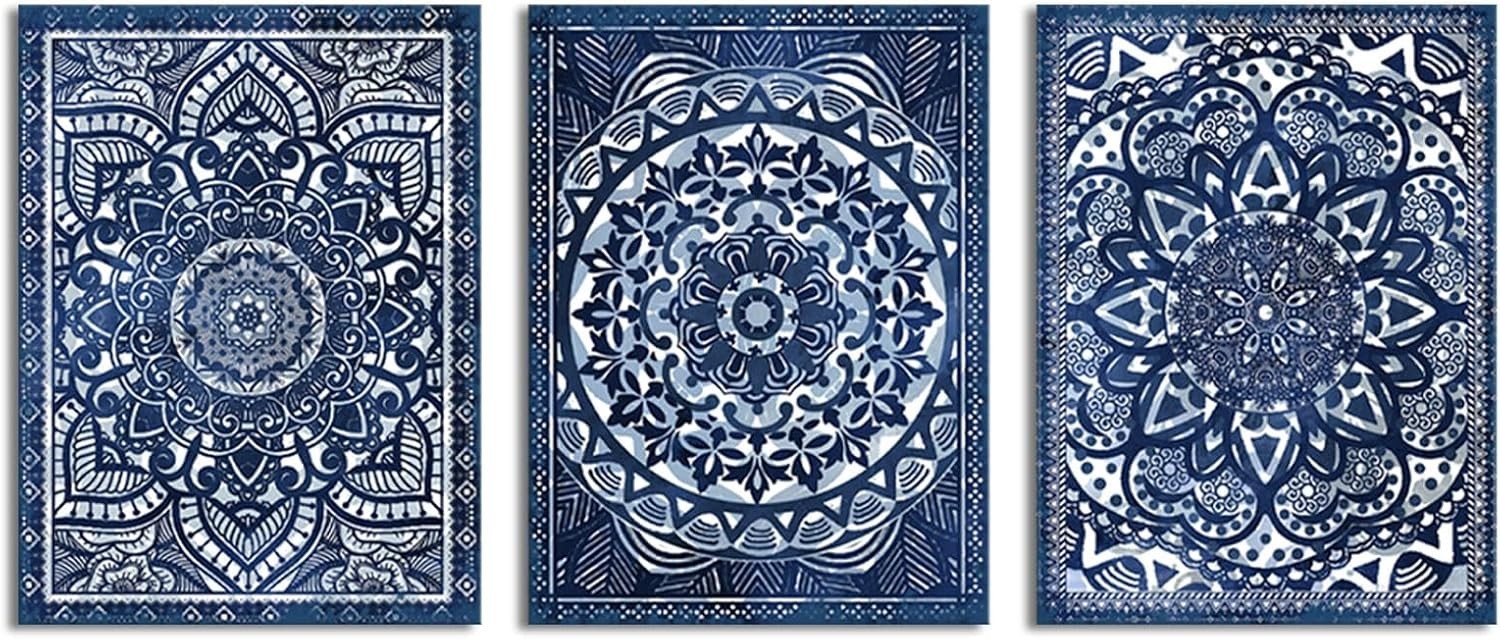 Mandala Art Prints Set – Navy Blue Wall Decor – 12×16 inches