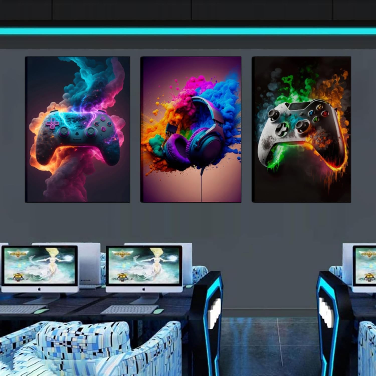 Vibrant Gaming Wall Art Set of 3 – Neon Canvas Prints for Teen Rooms