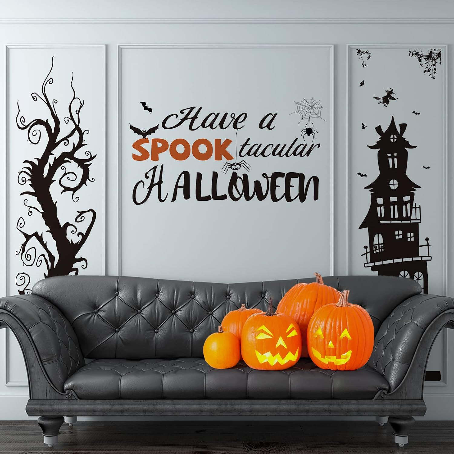 3 Sheets Halloween Wall Decals Removable DIY Bat Castle Stickers | Large Black H