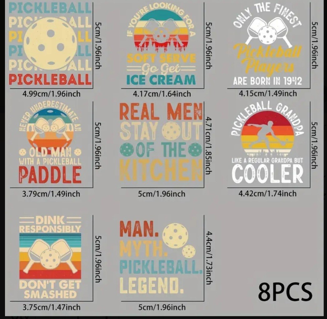 UV DTF Pickleball Men Player Transfer Sticker Set 8 Decals Appx 2 x 2 Inches