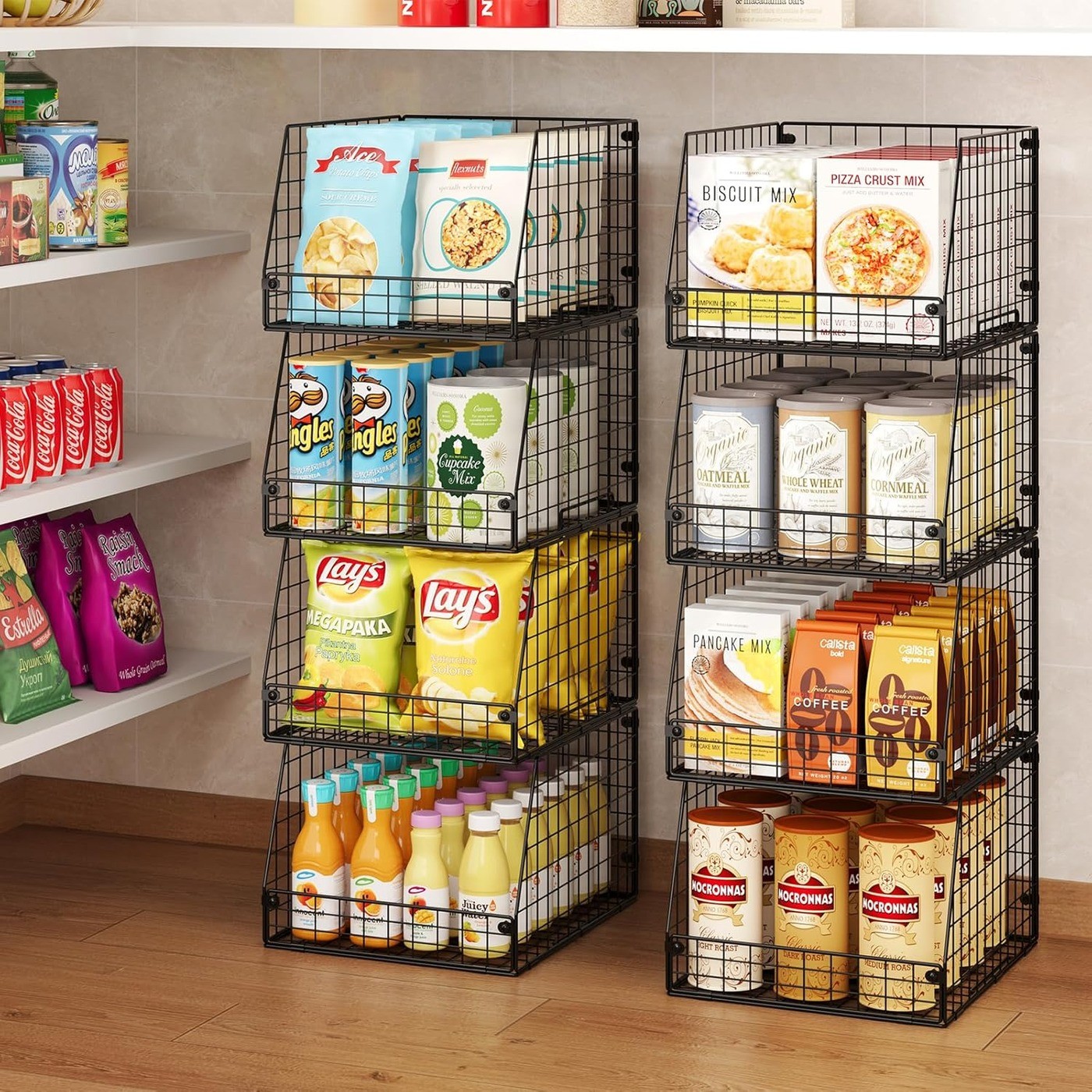 4 Pack XXL Stackable Wire Storage Basket Black Pantry Organizer