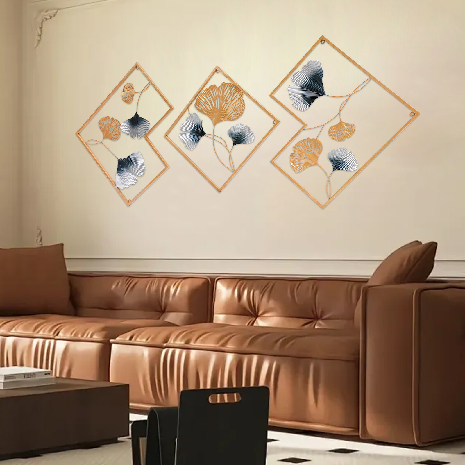 3Pcs 164 x 70.5cm Metal Wall Art Hanging Sculpture Decor 3D Ginkgo Gold & Blue